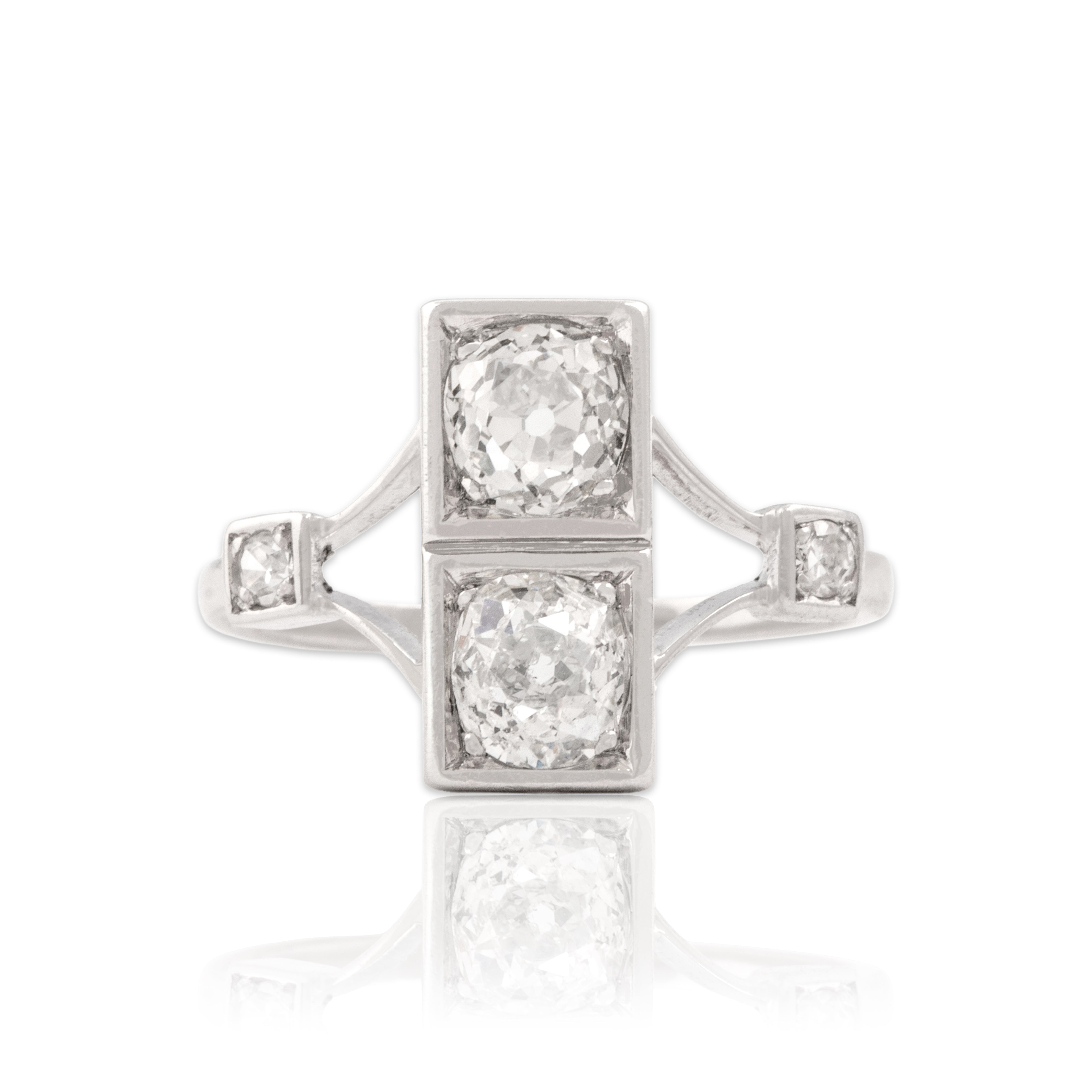 Antique Art Deco 14k White Gold 1.4cttw Old Mine Cut Diamond Dazzling Stacked Duo Ring - Close-up view