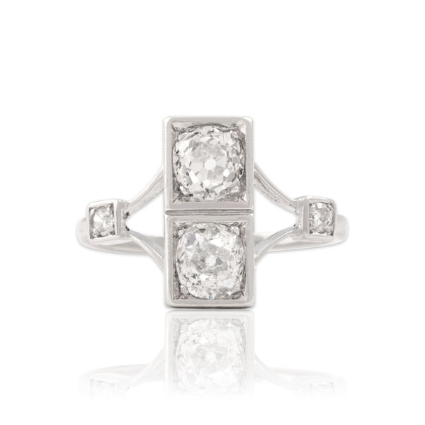 Antique Art Deco 14k White Gold 1.4cttw Old Mine Cut Diamond Duo Ring 6.50