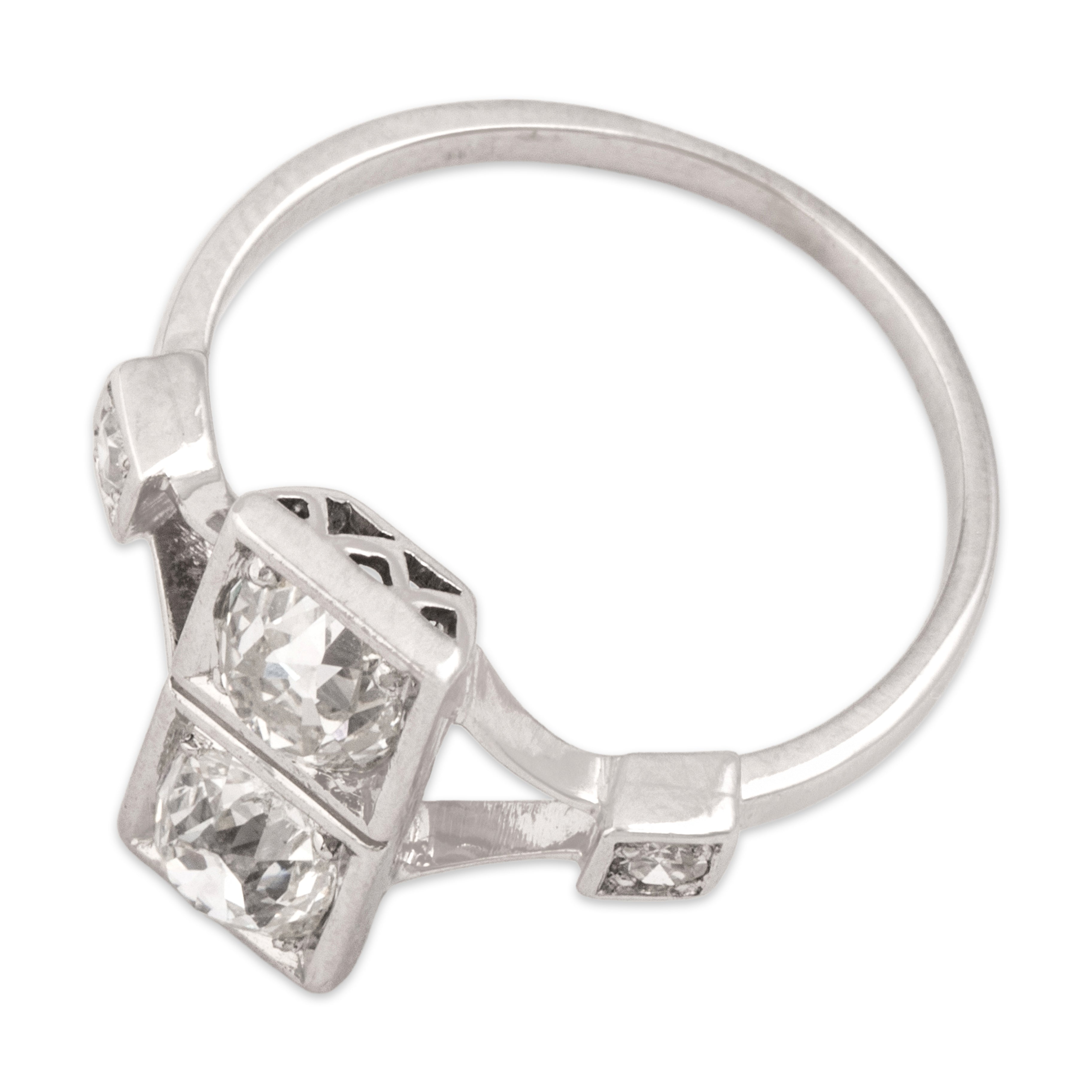 Antique Art Deco 14k White Gold 1.4cttw Old Mine Cut Diamond Dazzling Stacked Duo Ring - Overall view
