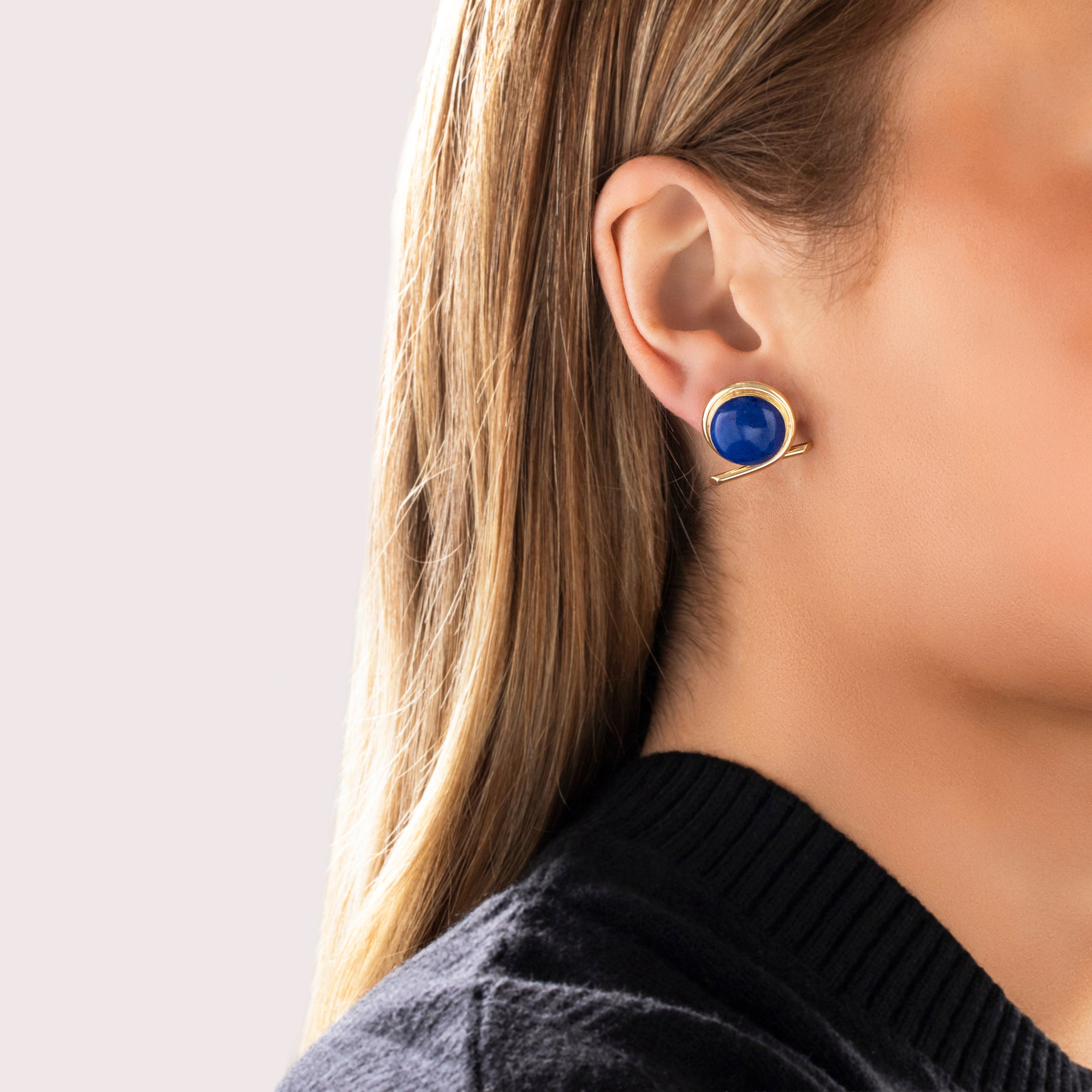 Large Bold Vintage 14k Yellow Gold 8.54ct Lapis Lazuli Wraparound Setting Earrings - On model view