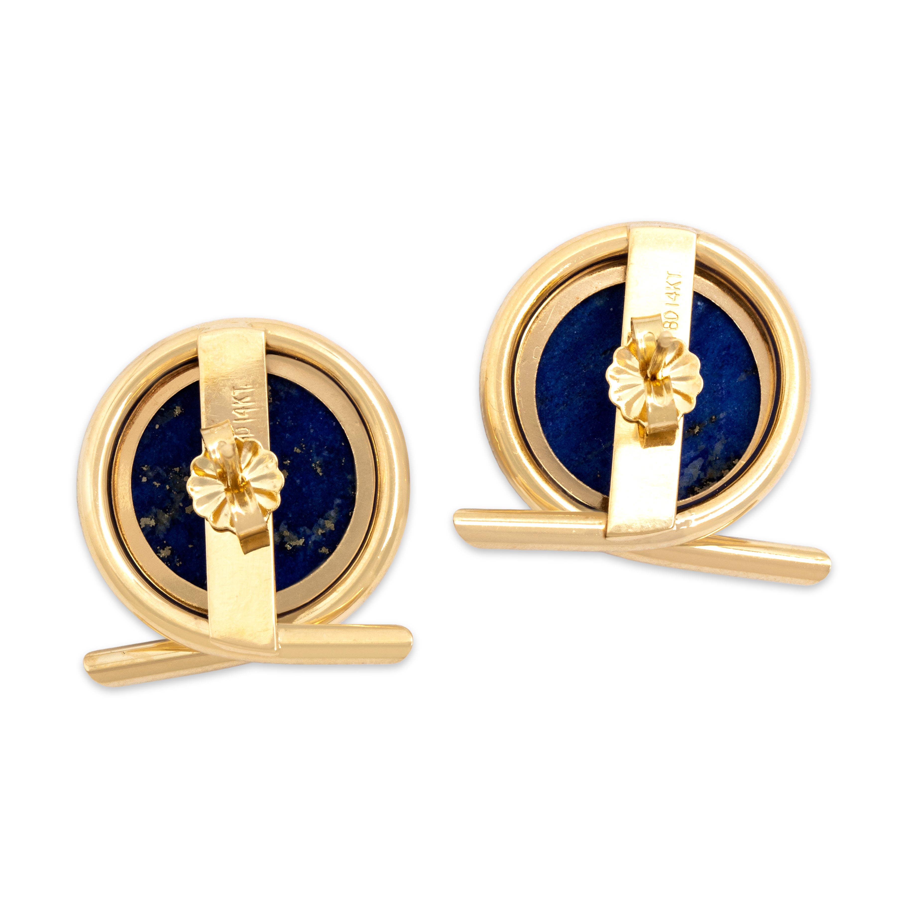 Large Bold Vintage 14k Yellow Gold 8.54ct Lapis Lazuli Wraparound Setting Earrings - Back view