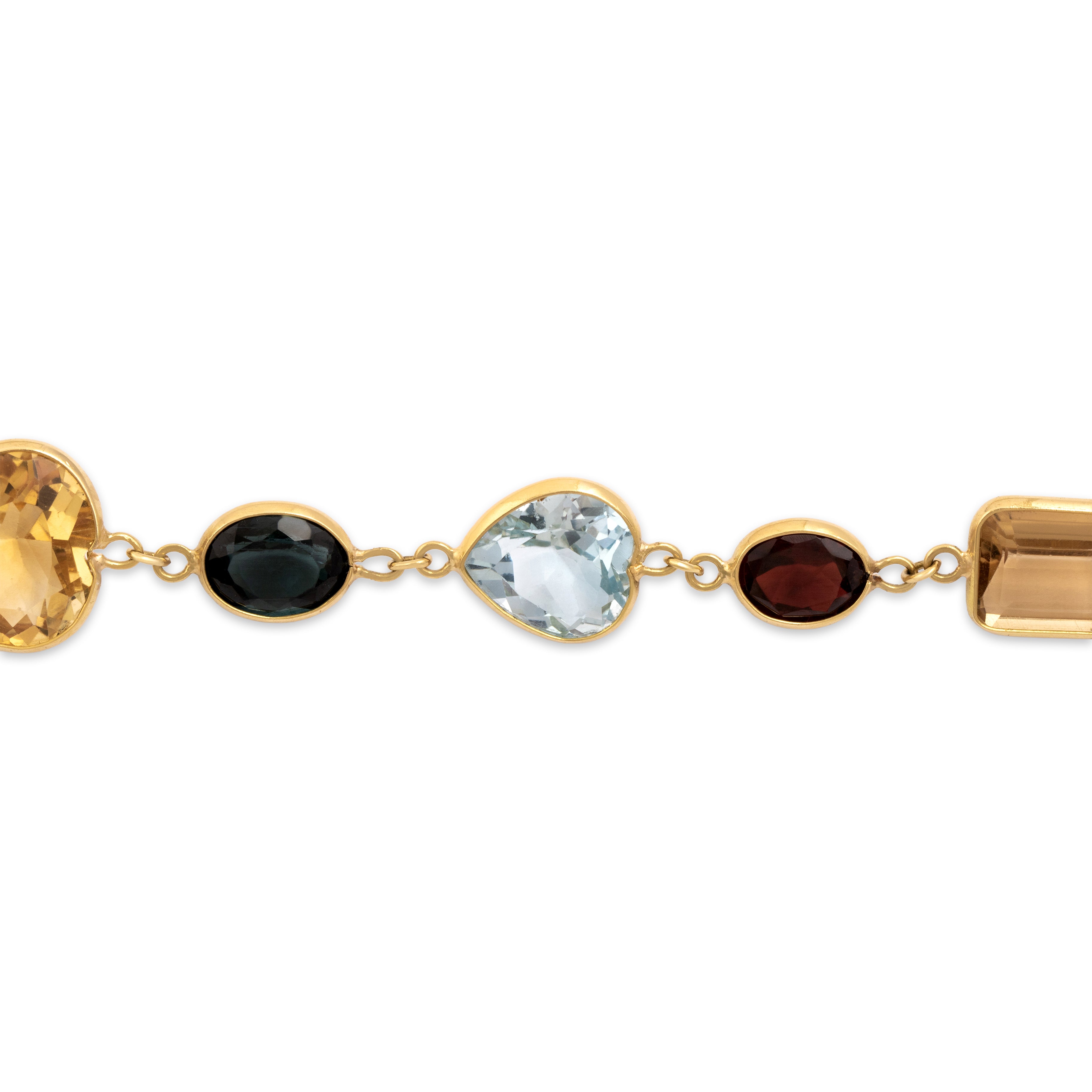 Vintage 18k Yellow Gold 12.95cttw Citrine 12.91cttw Topaz 4.06cttw Amethyst 1.87ct Green Tourmaline 1.85ct Garnet Playful Multicut Multistone Bracelet - Close-up view