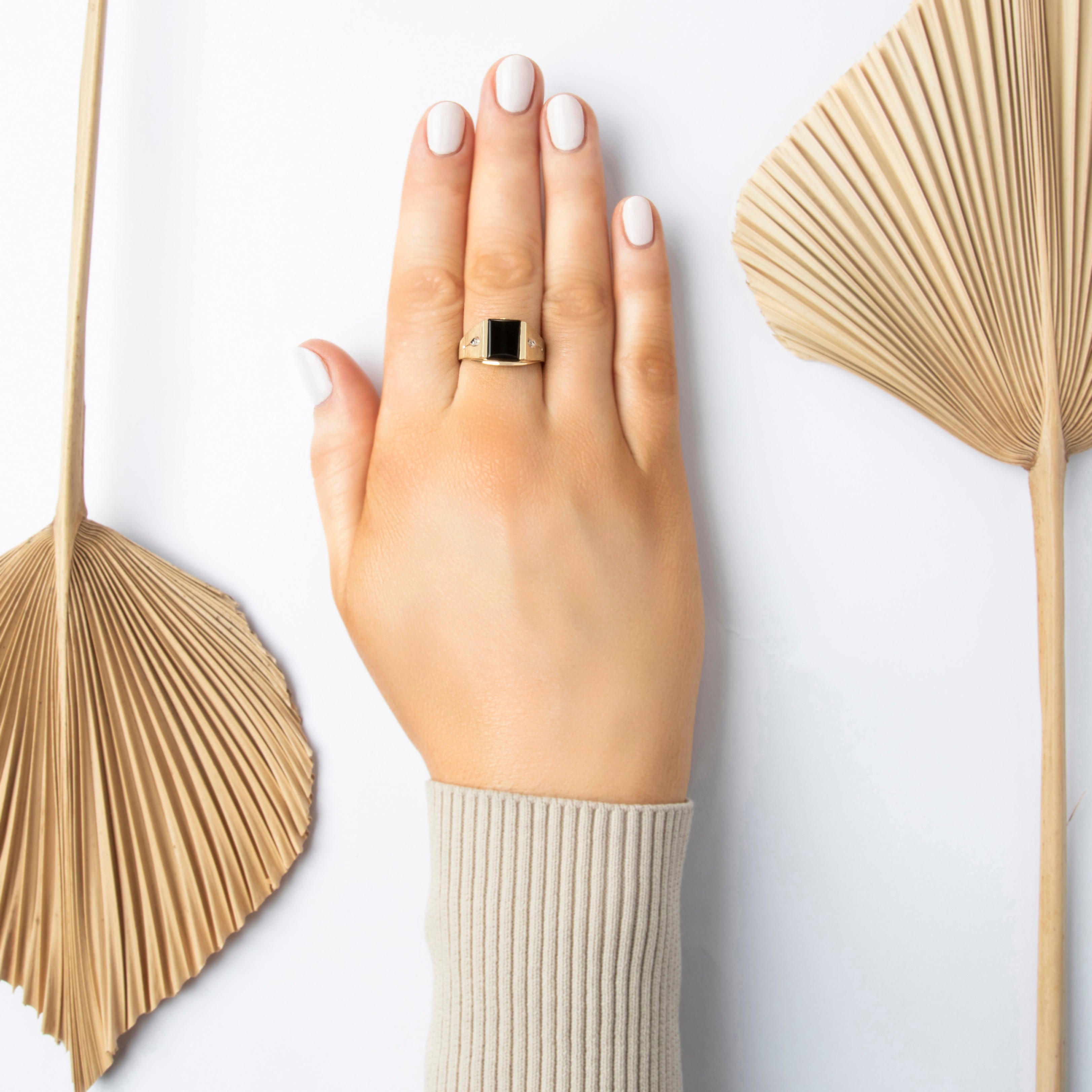 Vintage 10k Yellow Gold Diamond Onyx Bold Rectangle Ring - On model view