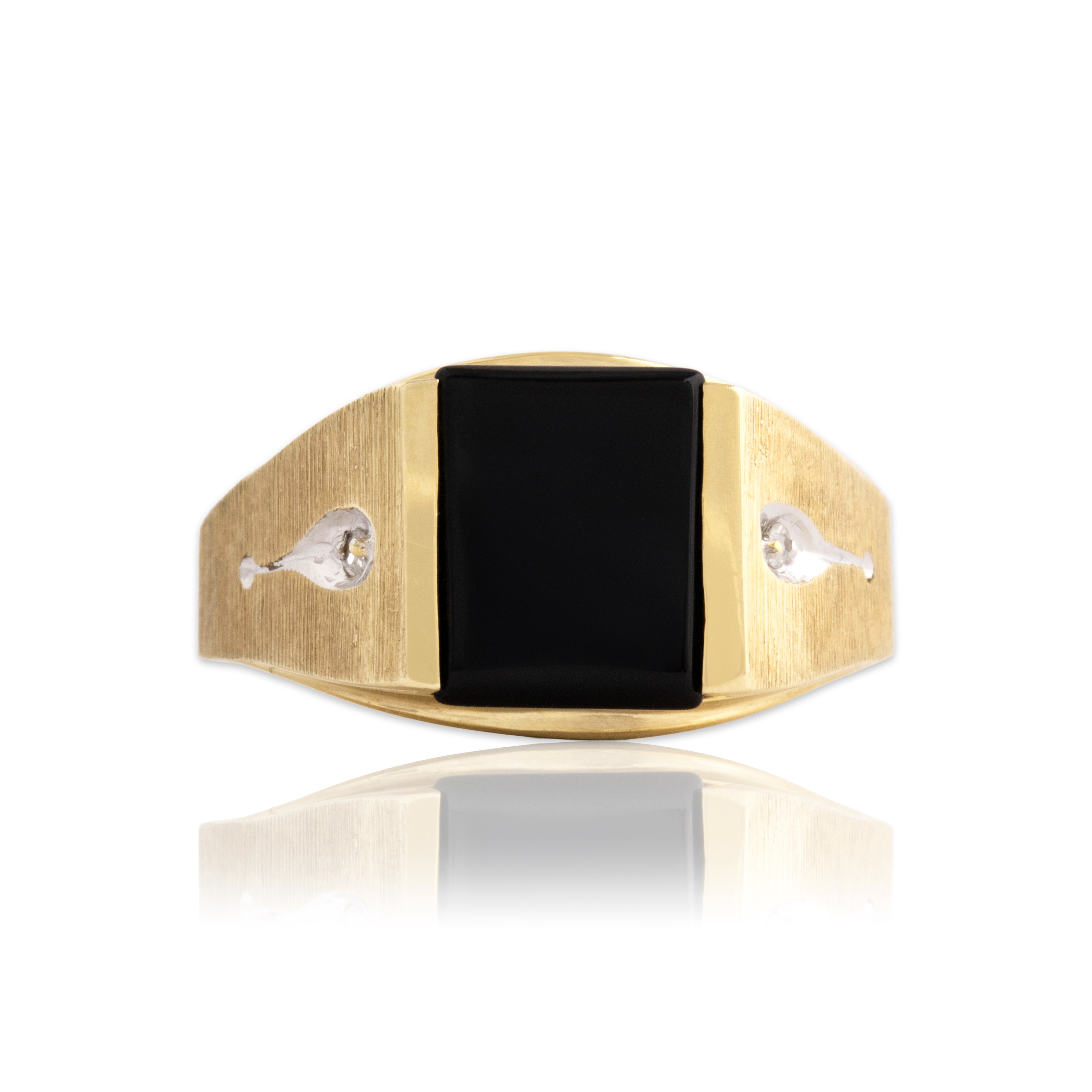 Vintage 10k Yellow Gold Onyx Diamond Bold Brushed Rectangle Ring 9.00