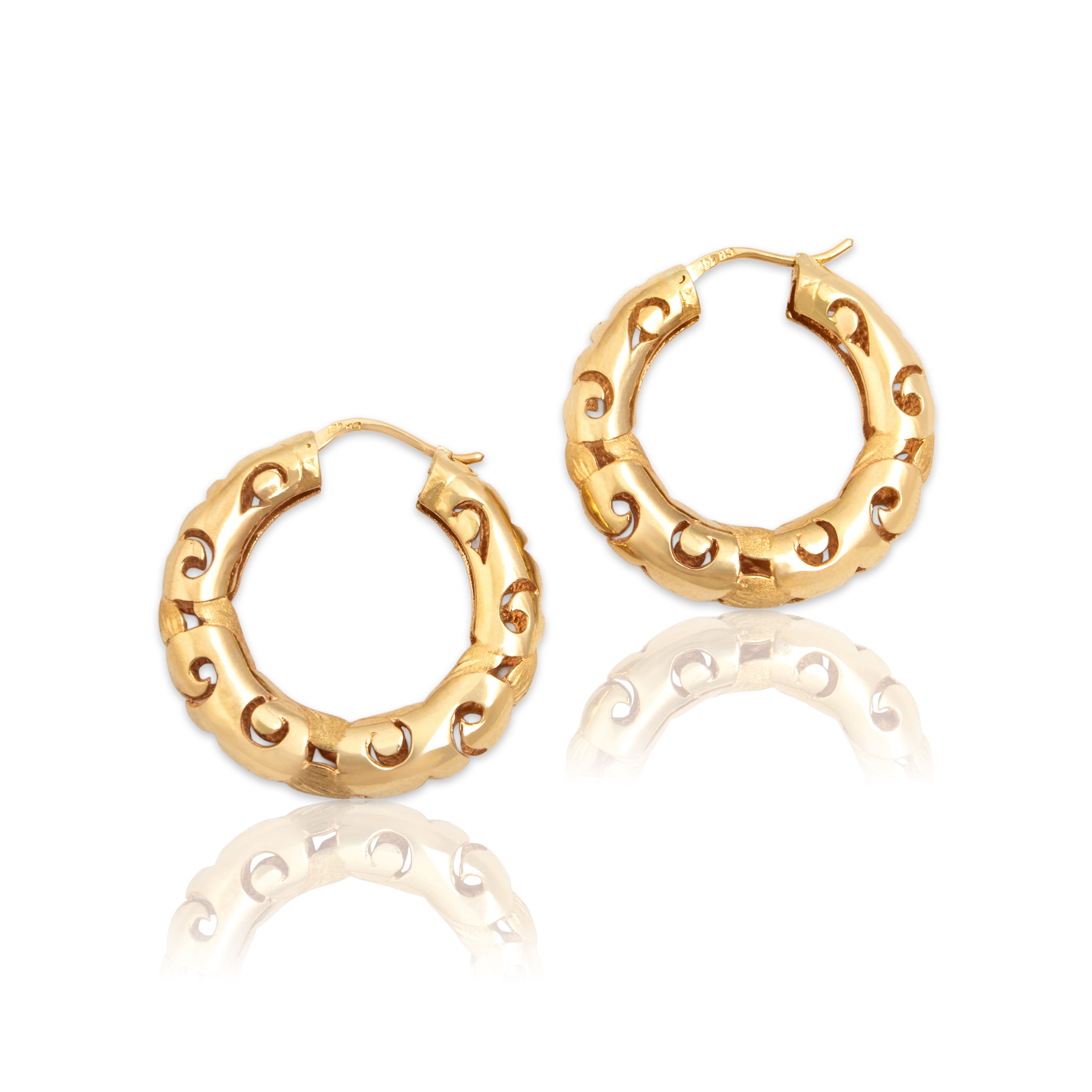Vintage 14k Yellow Gold Scroll Openwork Hoop Earrings - Close-up view