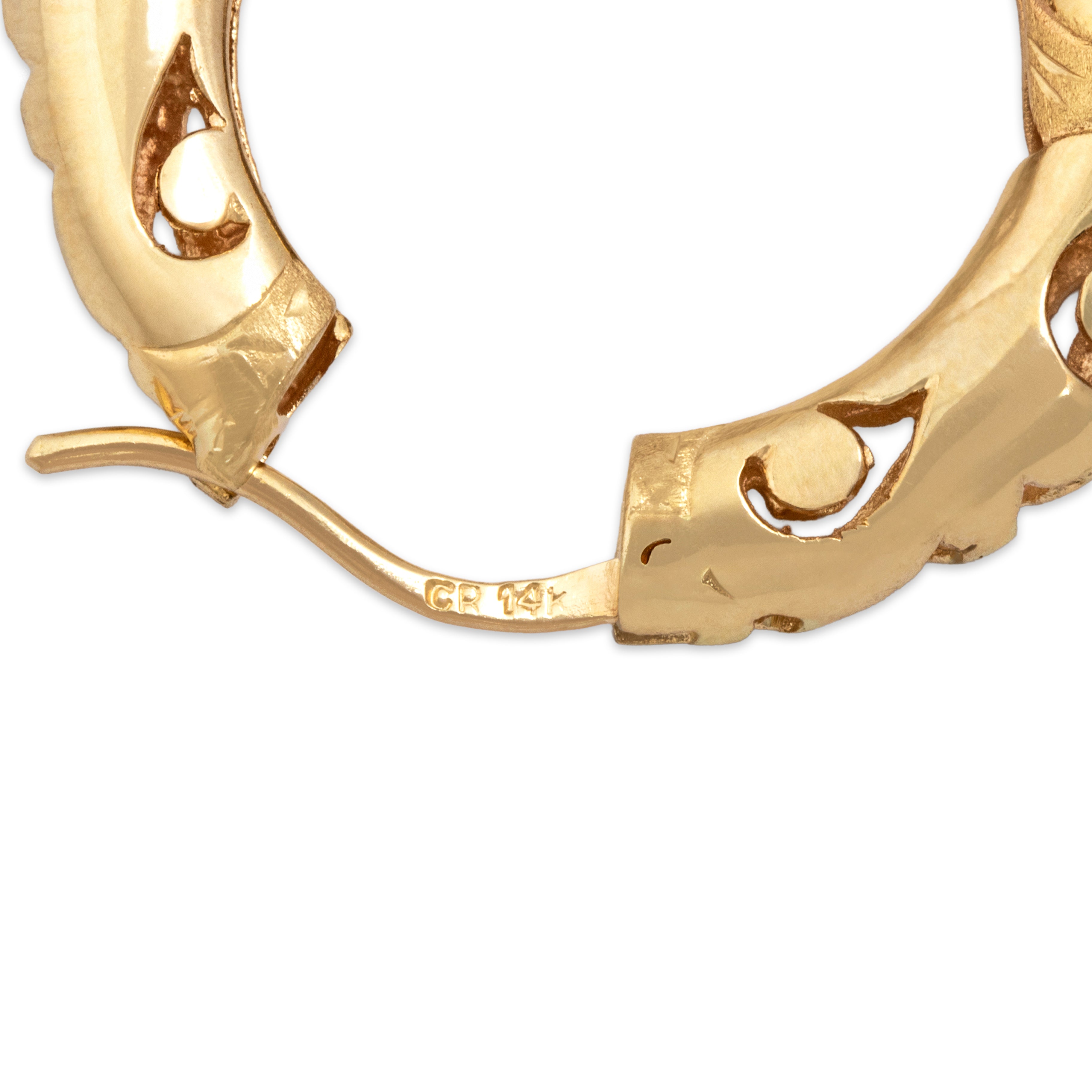 Vintage 14k Yellow Gold Scroll Openwork Hoop Earrings - Hallmark view