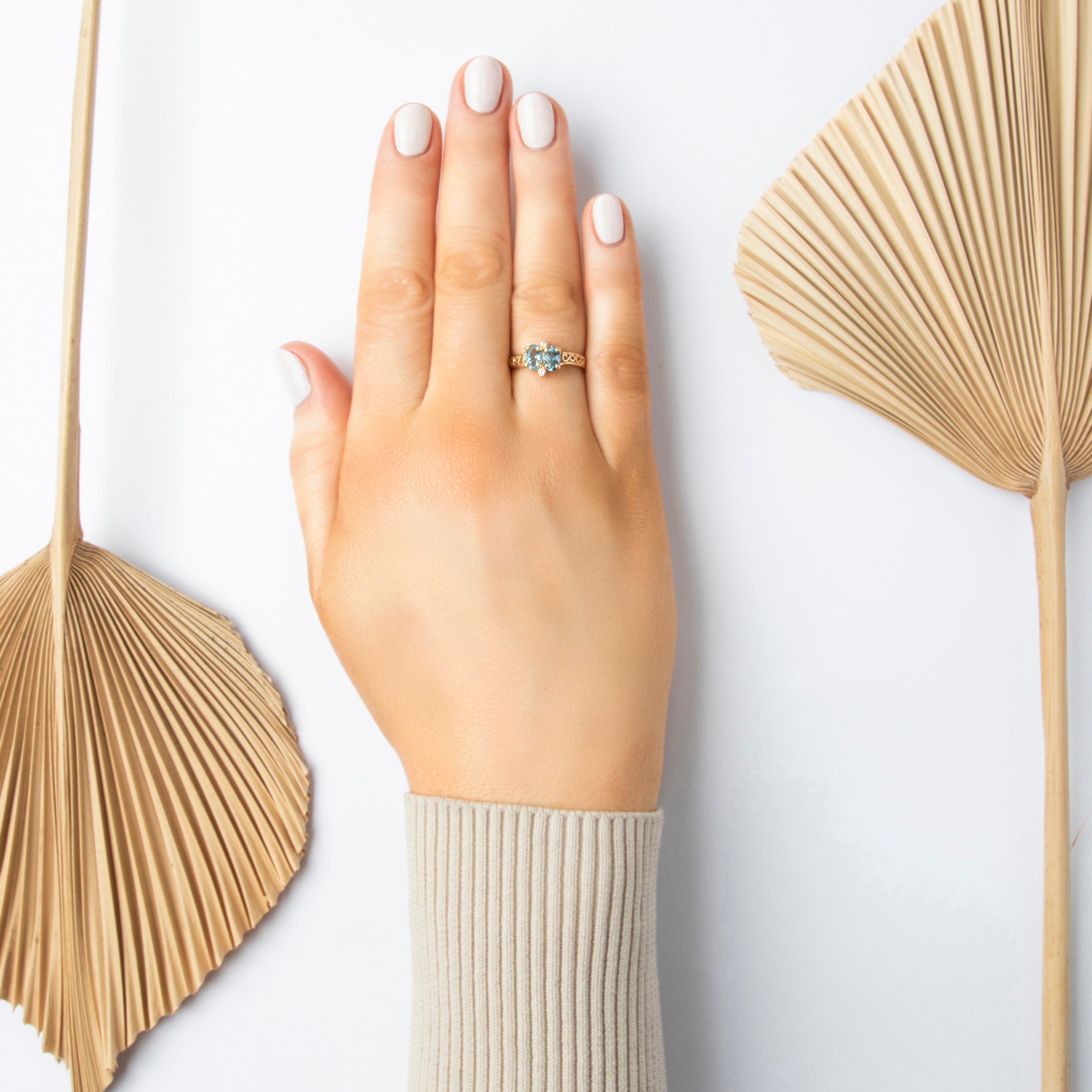 Vintage 14k Yellow Gold .93cttw Blue Topaz Diamond Scroll Design Ring - On model view