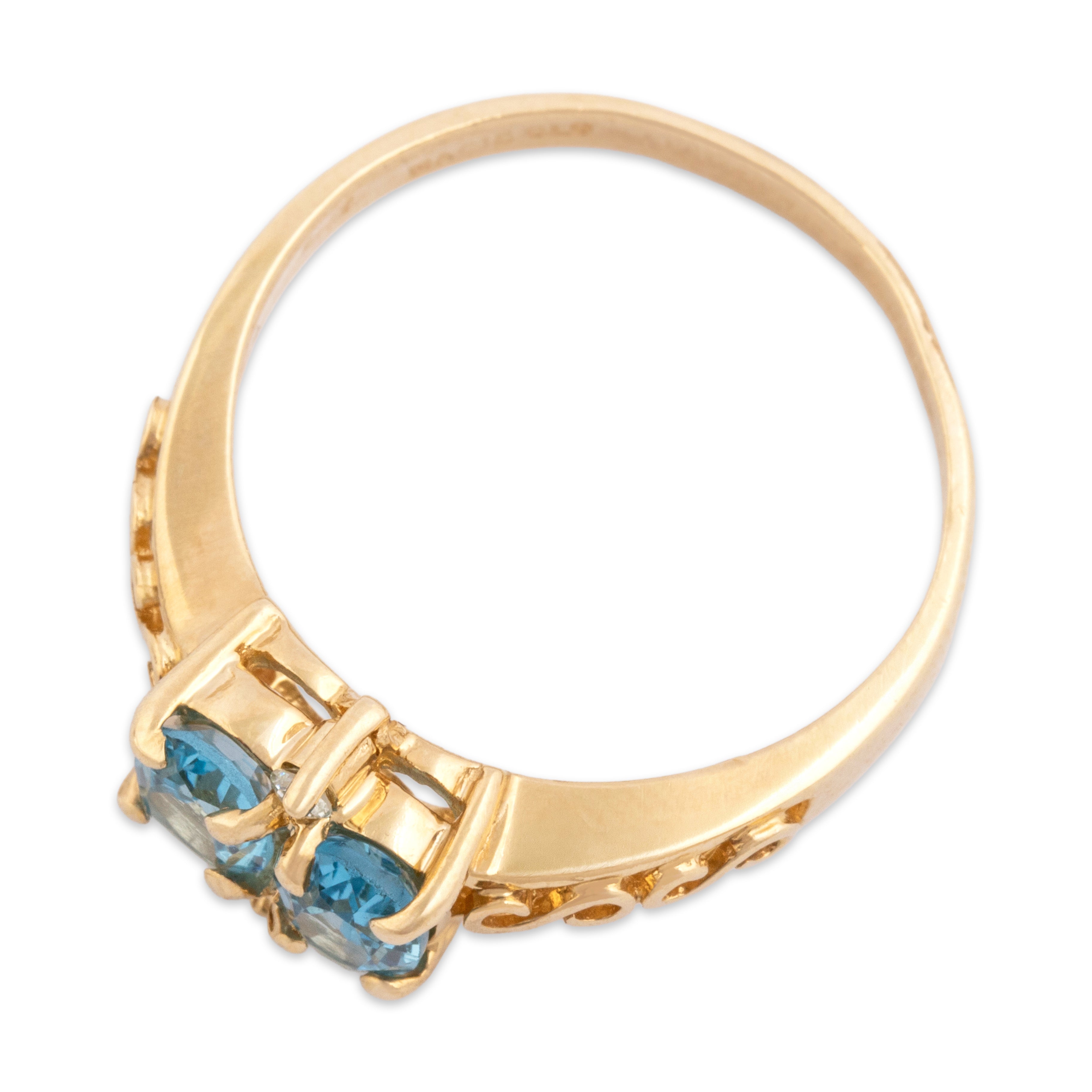 Vintage 14k Yellow Gold .93cttw Blue Topaz Diamond Scroll Design Ring - Overall view