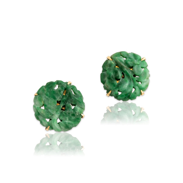 Vintage 14k Yellow Gold Jade Chic Carved Flower Stud Earrings