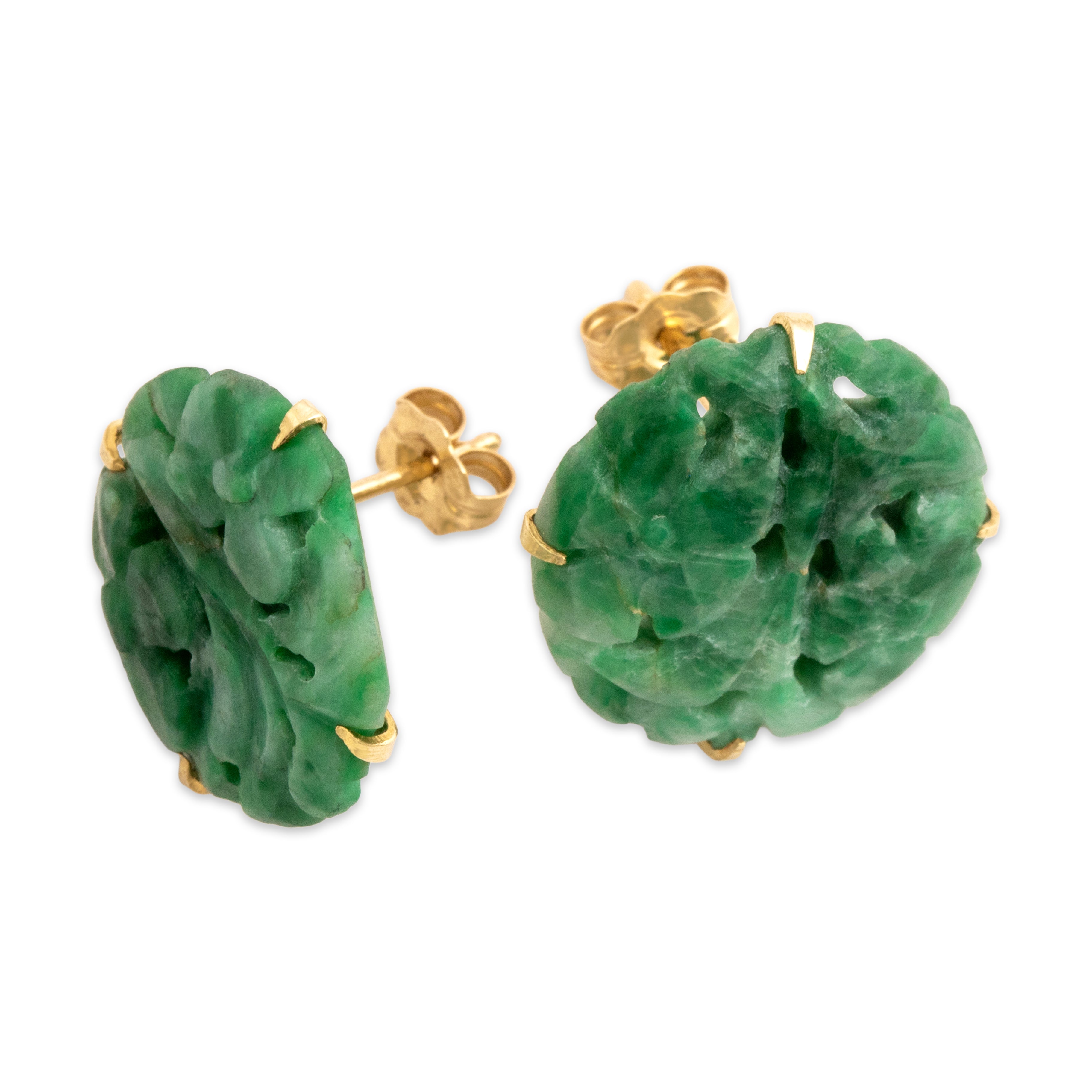 Vintage 14k Yellow Gold Jade Chic Carved Flower Stud Earrings - Overall view