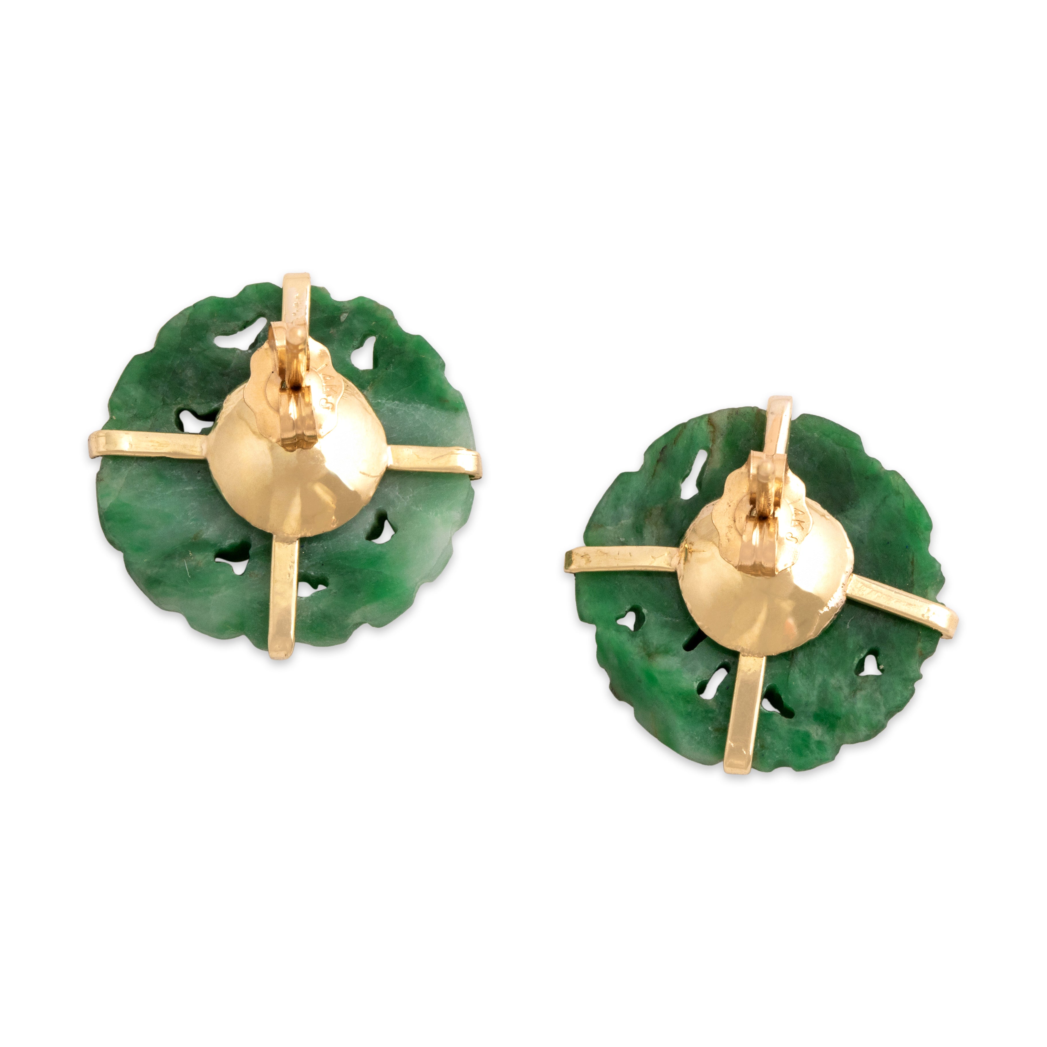 Vintage 14k Yellow Gold Jade Chic Carved Flower Stud Earrings - Back view