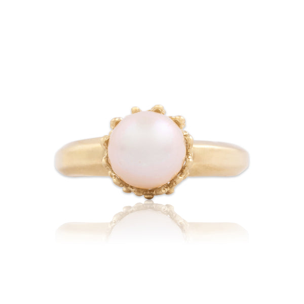 Vintage 14k Yellow Gold Pearl Luminous Crown-Set Ring 6.75