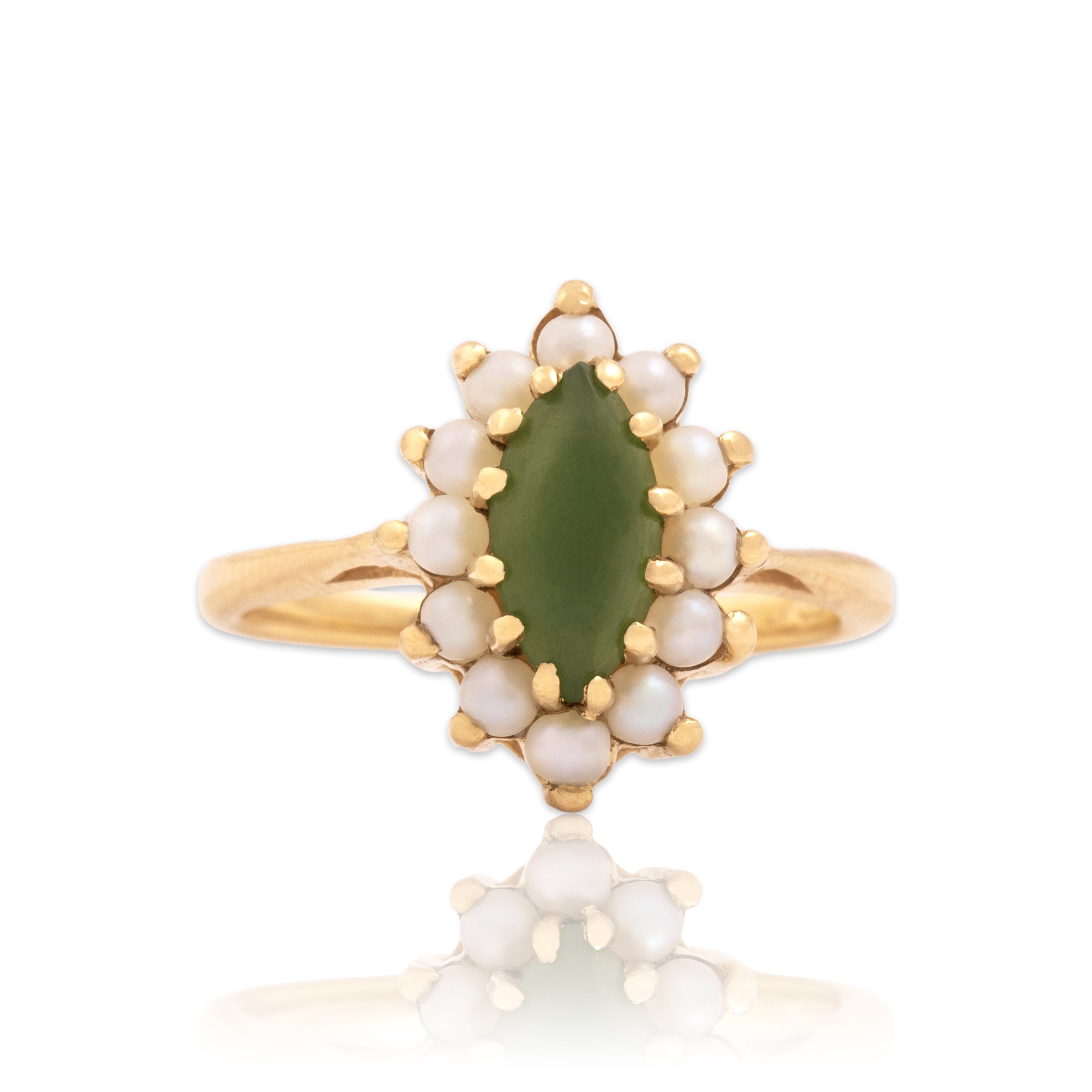 Vintage 14k Yellow Gold .67ct Jade Pearl Artistic Navette Halo Ring 3.50