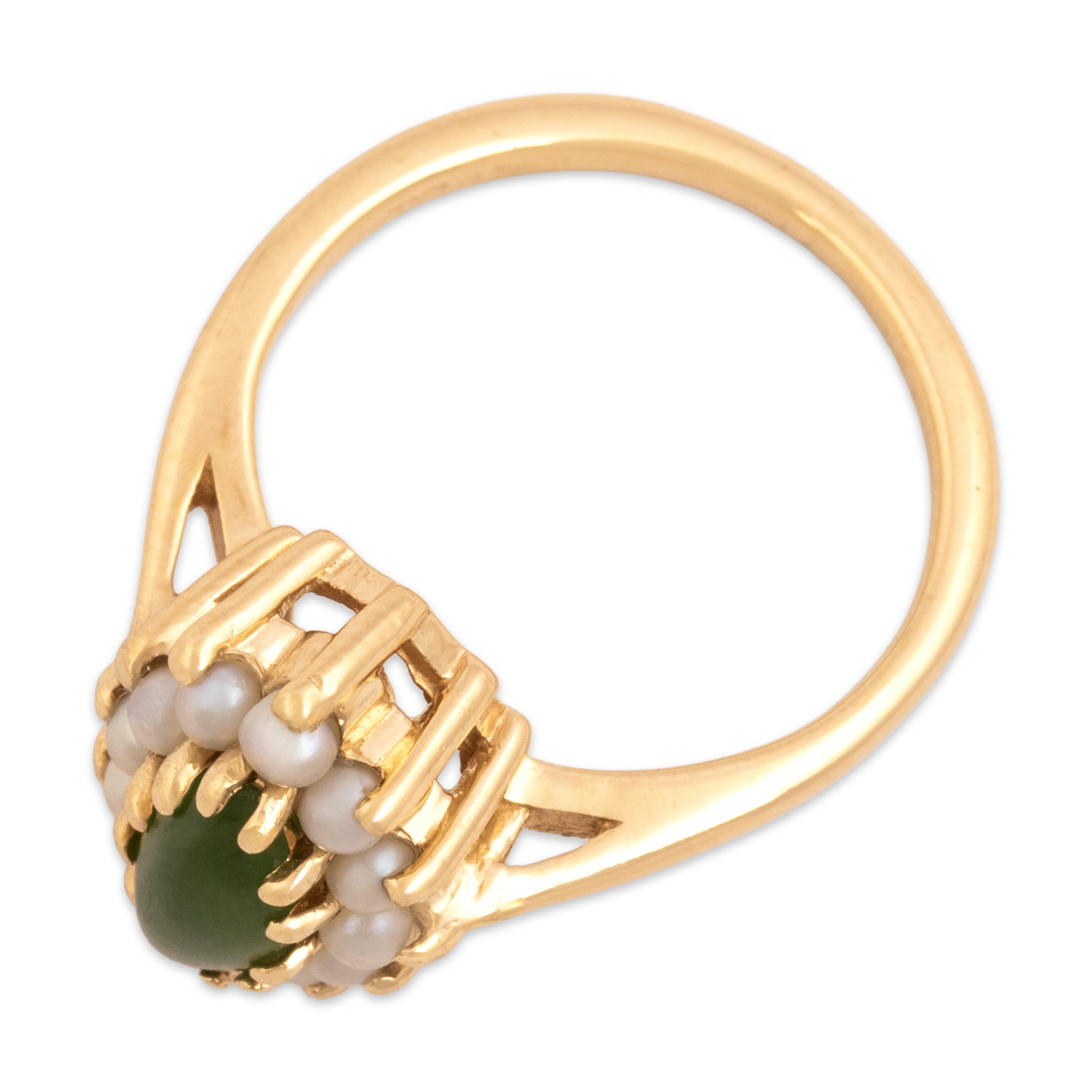 Vintage 14k Yellow Gold .67ct Jade Pearl Artistic Navette Halo Ring - Overall view