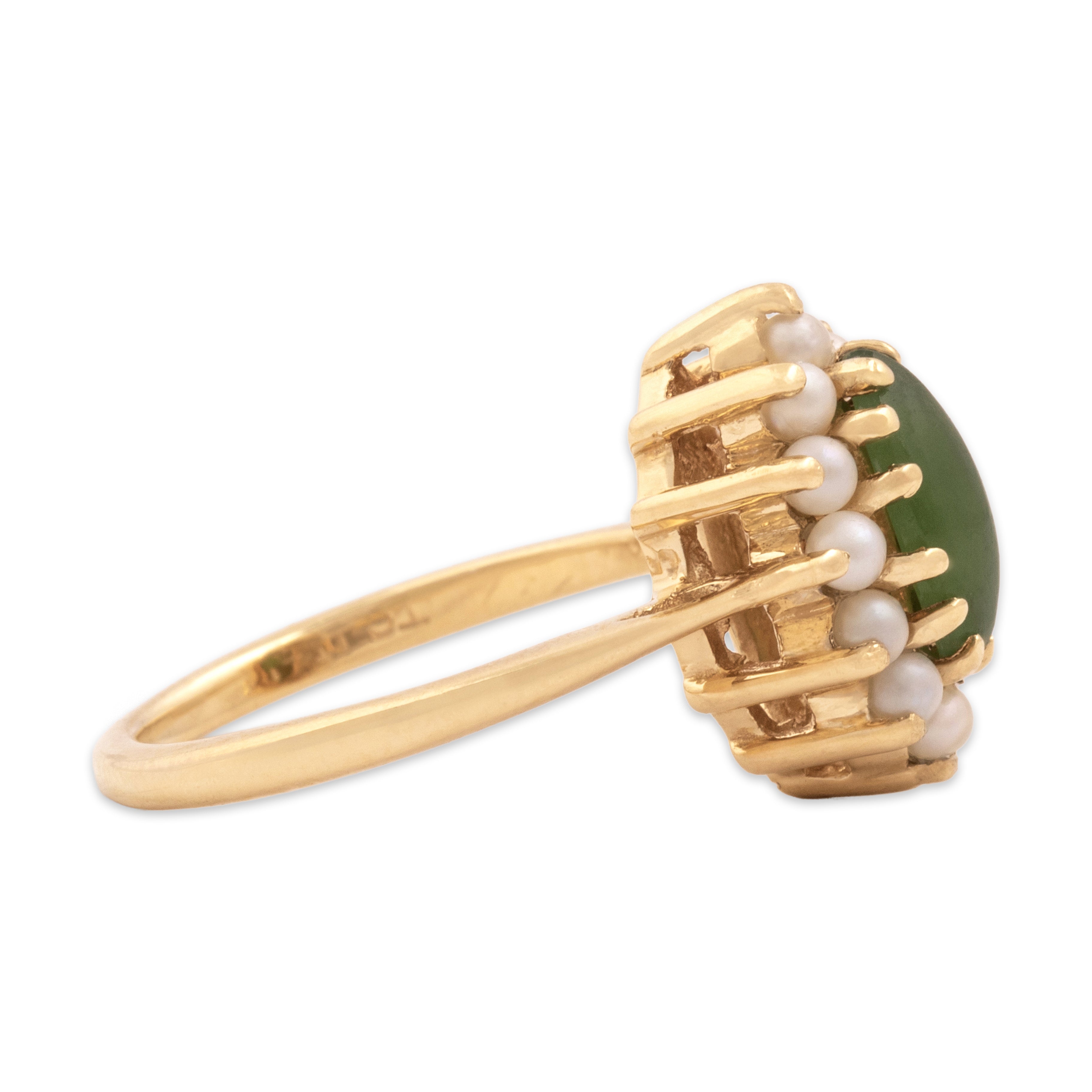 Vintage 14k Yellow Gold .67ct Jade Pearl Artistic Navette Halo Ring - Side view