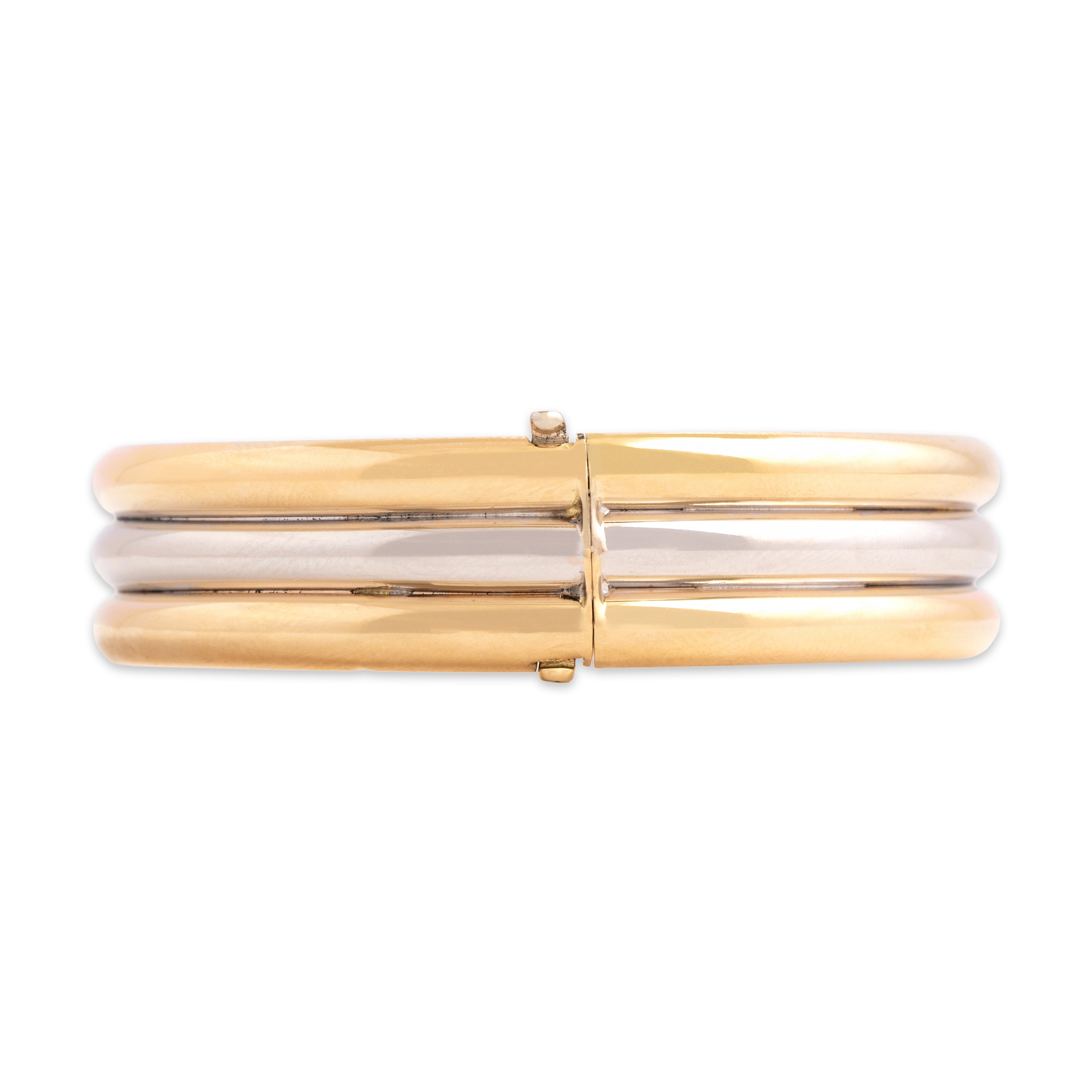 Vintage 14k Yellow & White Gold Gleaming Three Row Bangle Bracelet - detail view #2