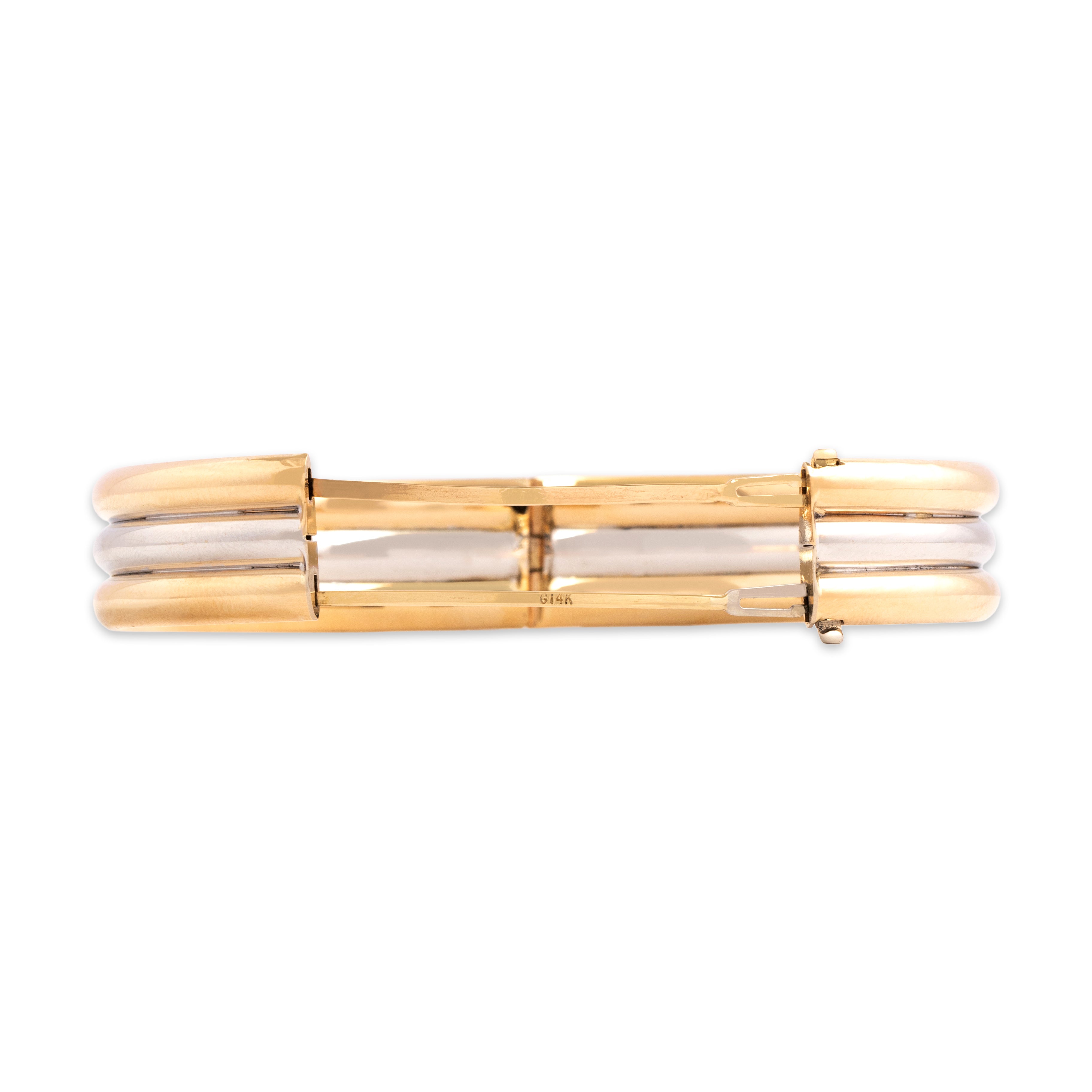 Vintage 14k Yellow & White Gold Gleaming Three Row Bangle Bracelet - Back view