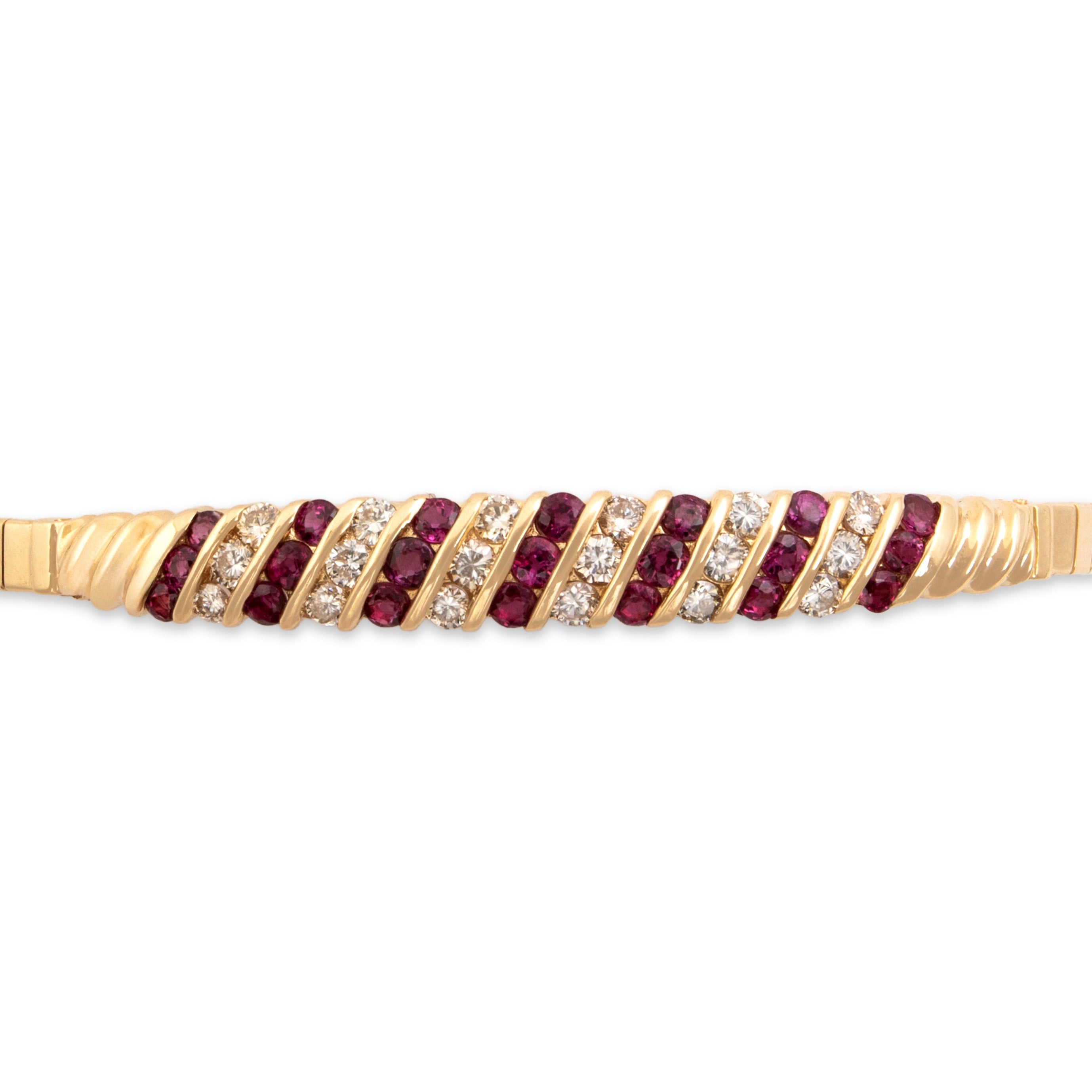 Vintage 14k Yellow Gold .8cttw Ruby .69cttw Diamond Spectacular Banded Channel Bracelet - Close-up view