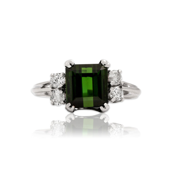 Vintage 14k White Gold 2.48ct Green Tourmaline Diamond Split-Shoulder Ring 6.50
