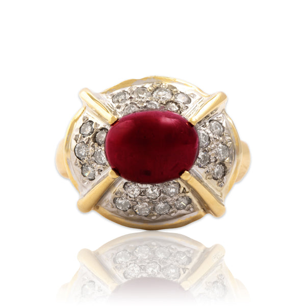 Vintage Heavy 18k Yellow & White Gold 3.09ct Ruby .64cttw Diamond Dome Ring 6.50