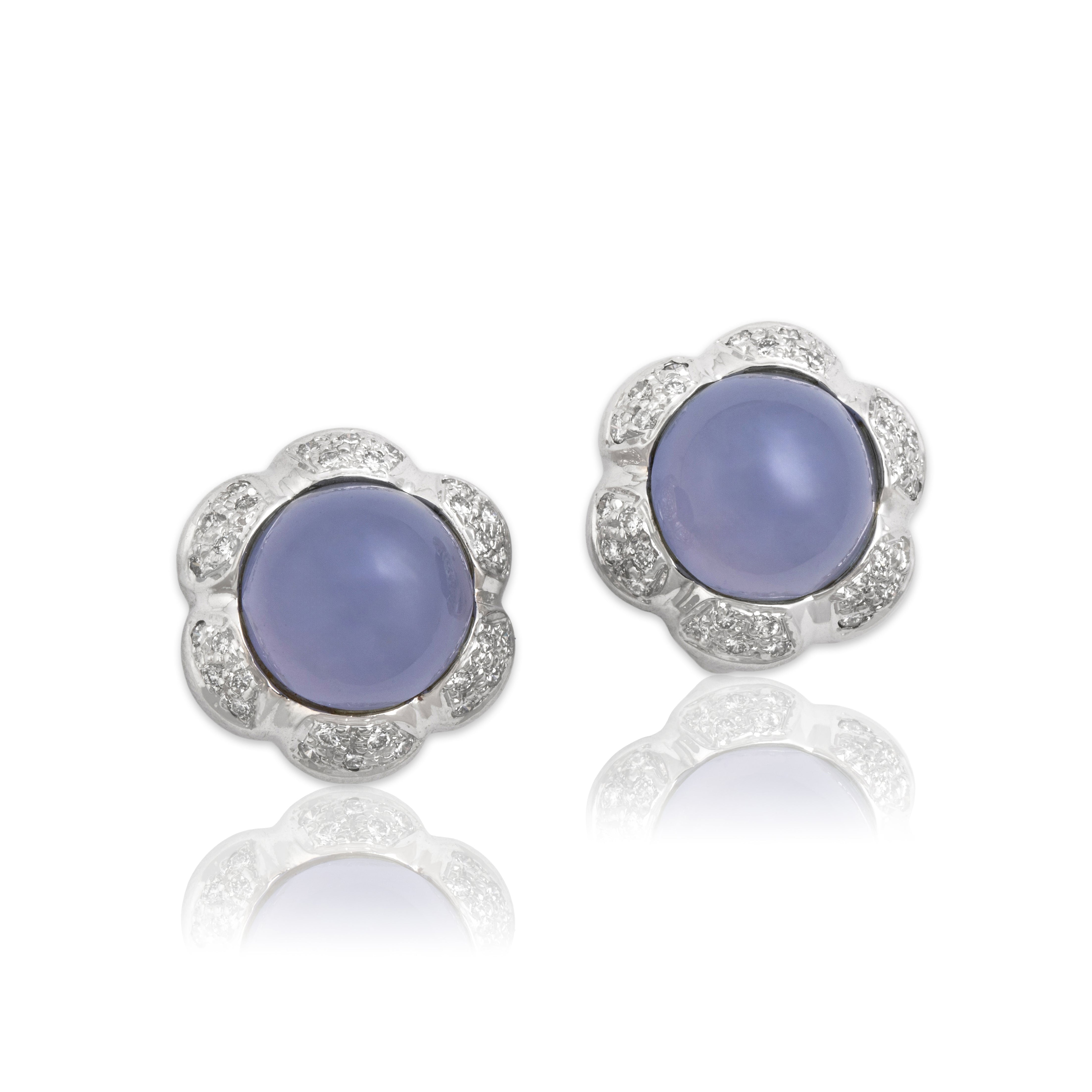 Vintage Large 18k White Gold 11.6cttw Lavender Chalcedony Diamond Dreamy Floriform Omega-Back Earrings - Close-up view