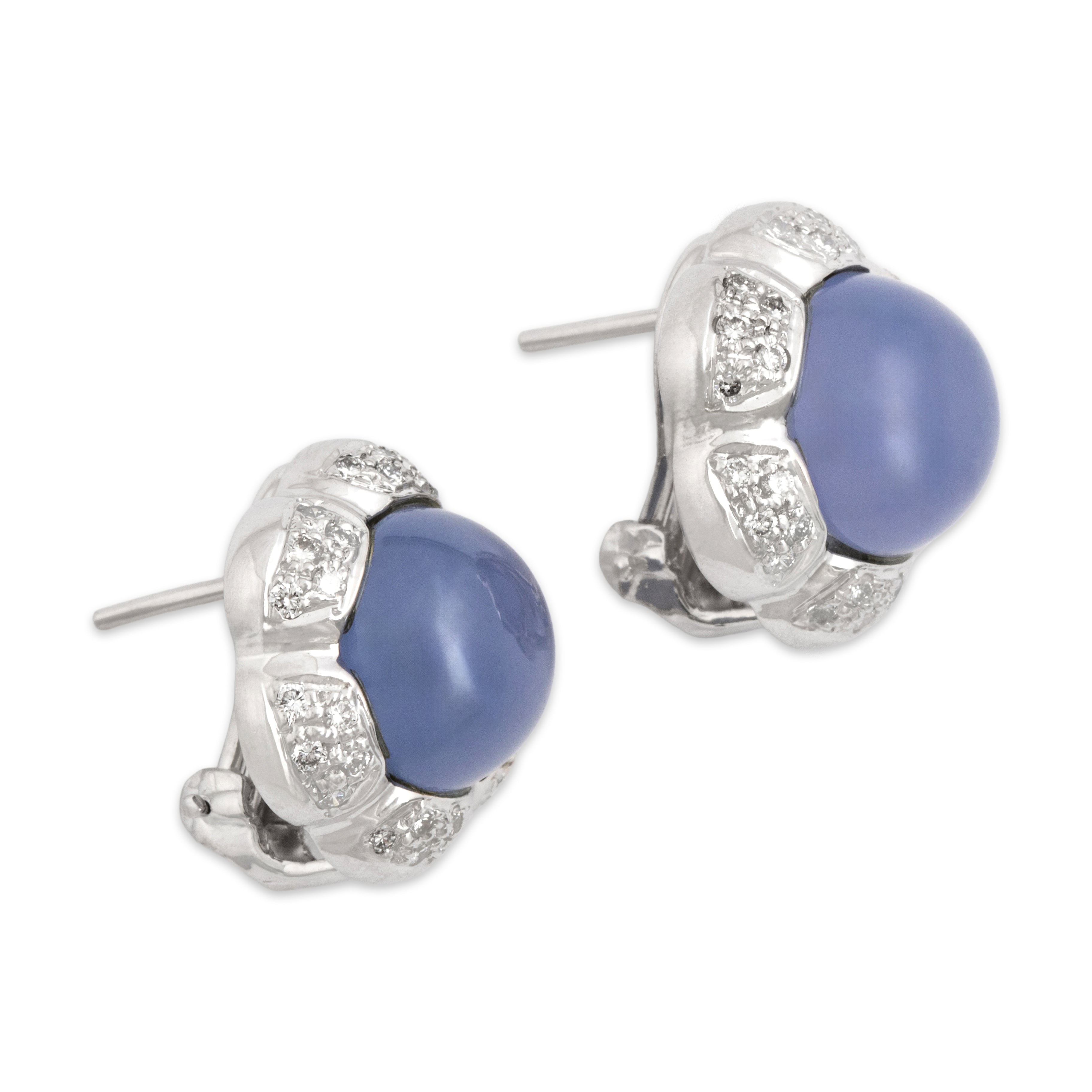 Vintage Large 18k White Gold 11.6cttw Lavender Chalcedony Diamond Dreamy Floriform Omega-Back Earrings - Side view