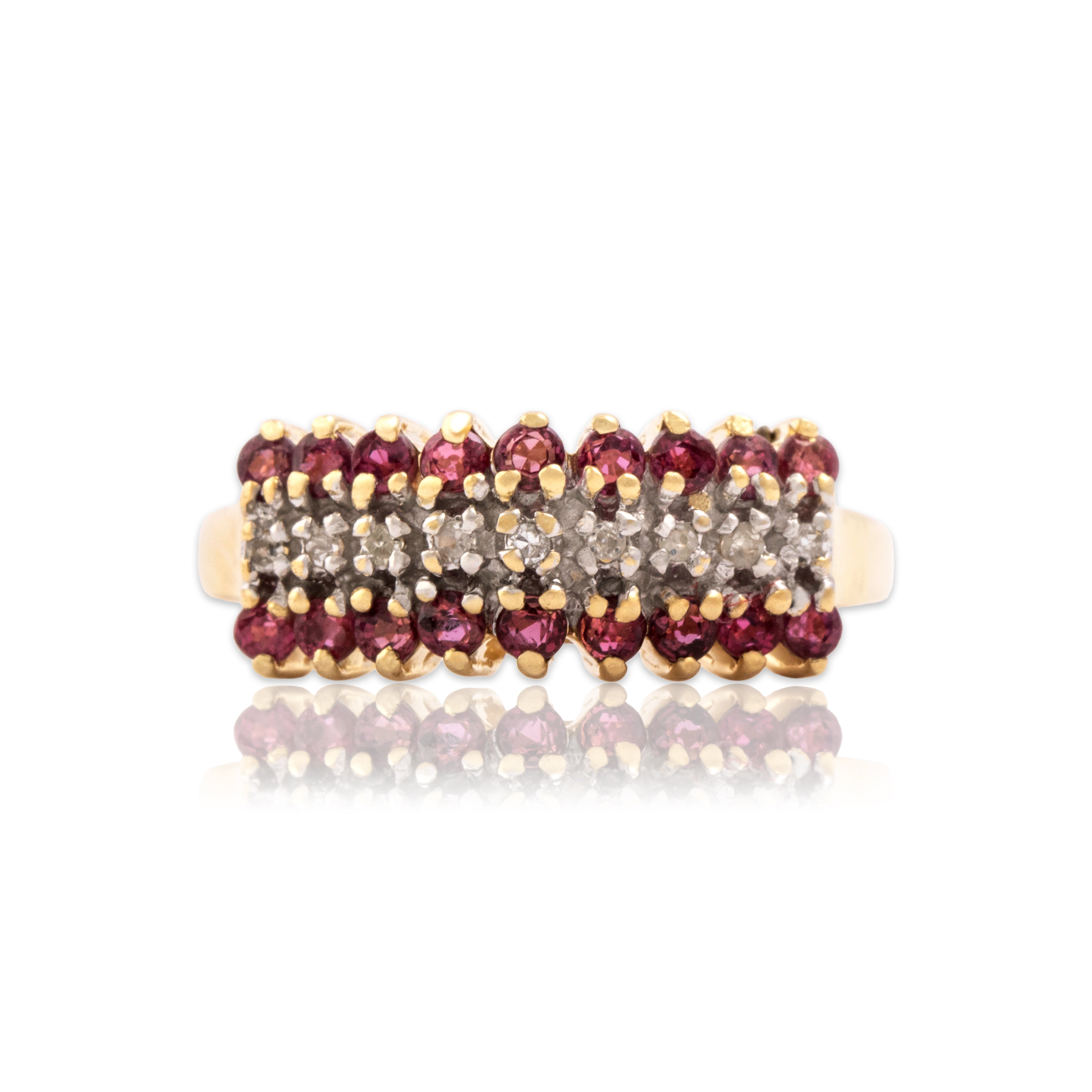 Vintage 10k Yellow Gold Ruby Diamond Towering Triple Line Step Ring - Close-up view