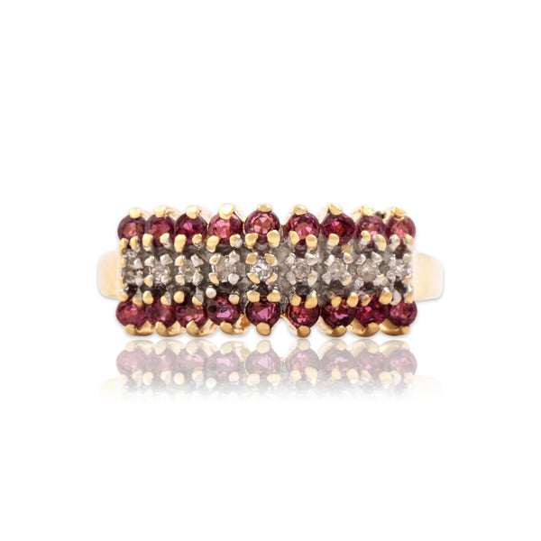 Vintage 10k Yellow Gold Ruby Diamond Towering Triple Line Step Ring 6.25