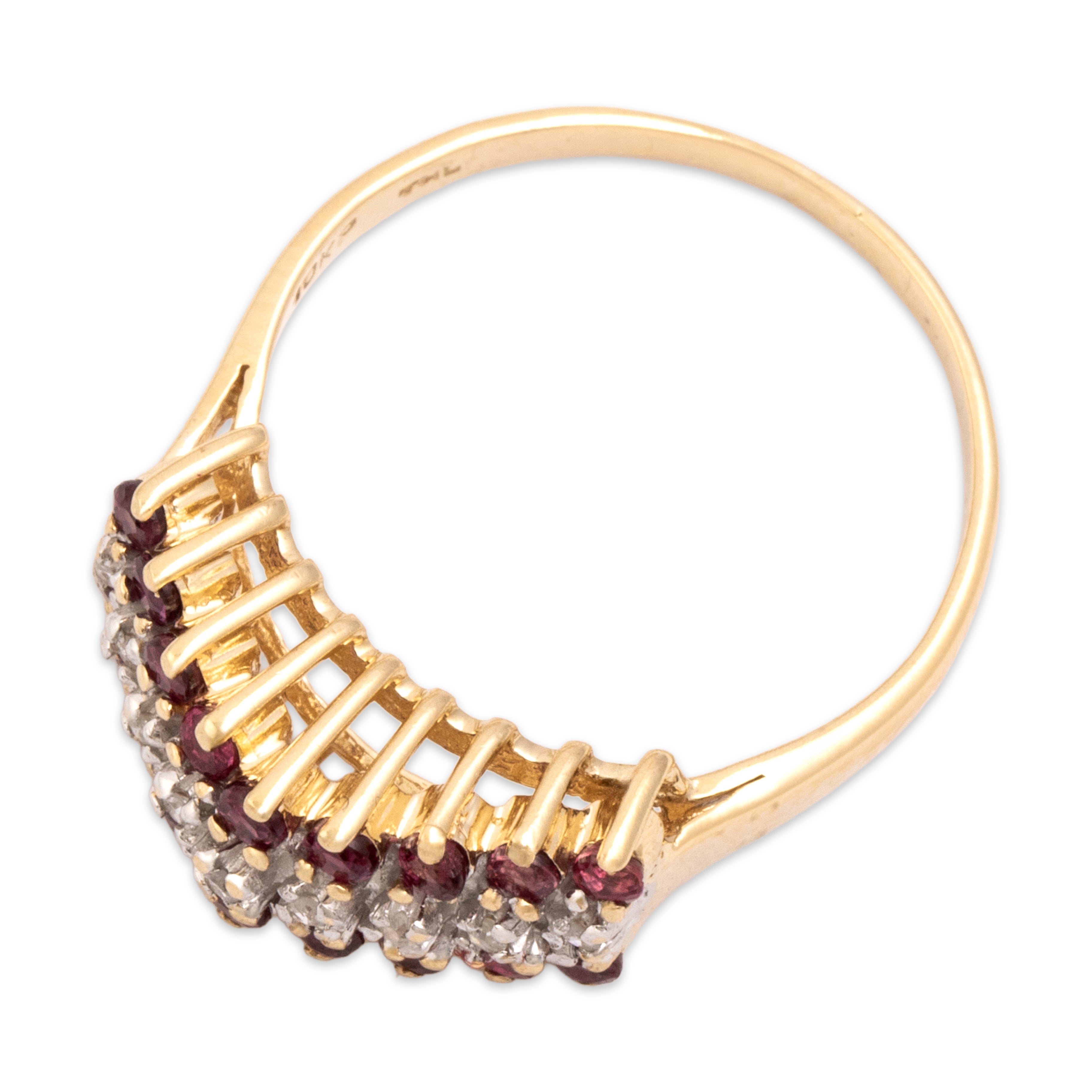Vintage 10k Yellow Gold Ruby Diamond Towering Triple Line Step Ring - Overall view