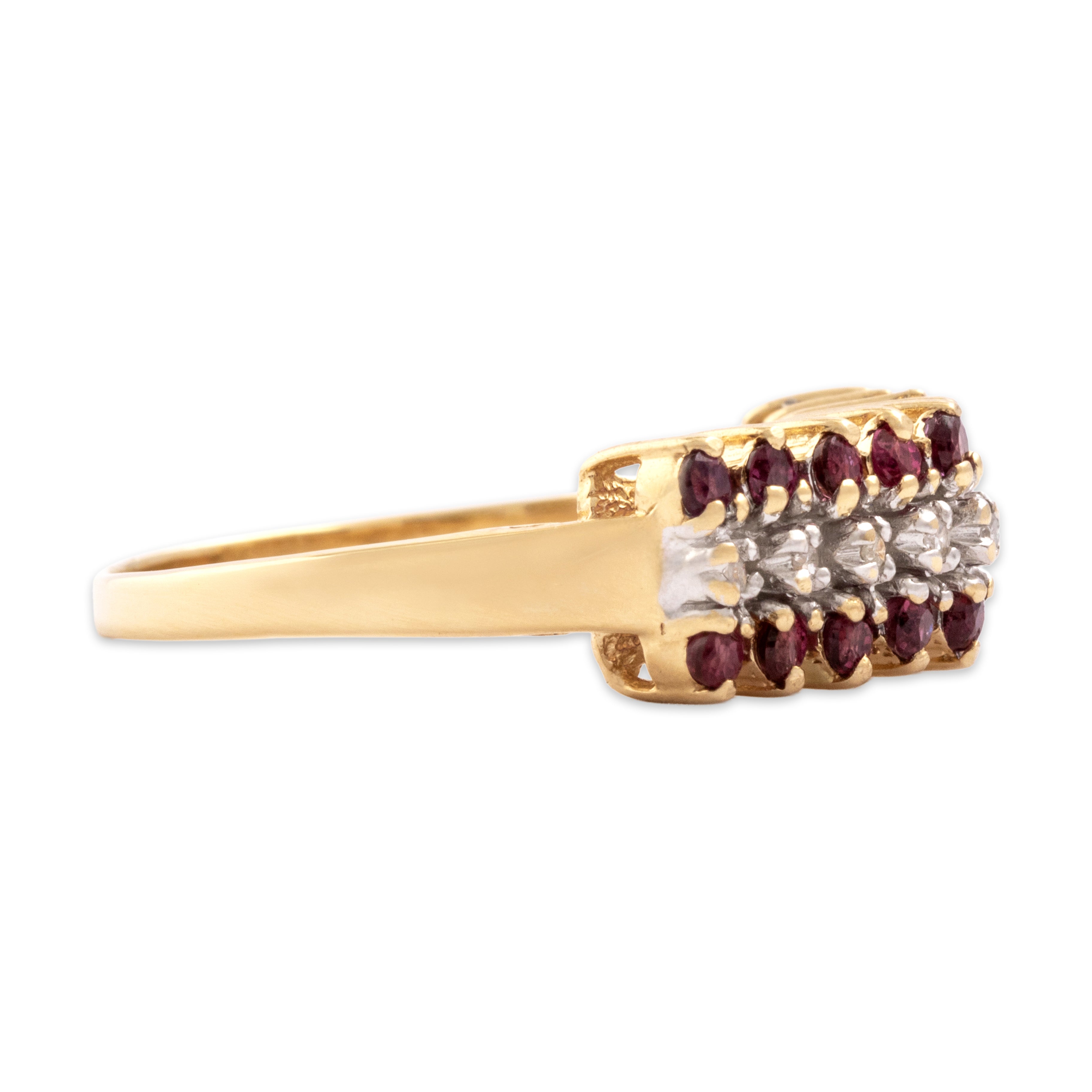 Vintage 10k Yellow Gold Ruby Diamond Towering Triple Line Step Ring - Side view
