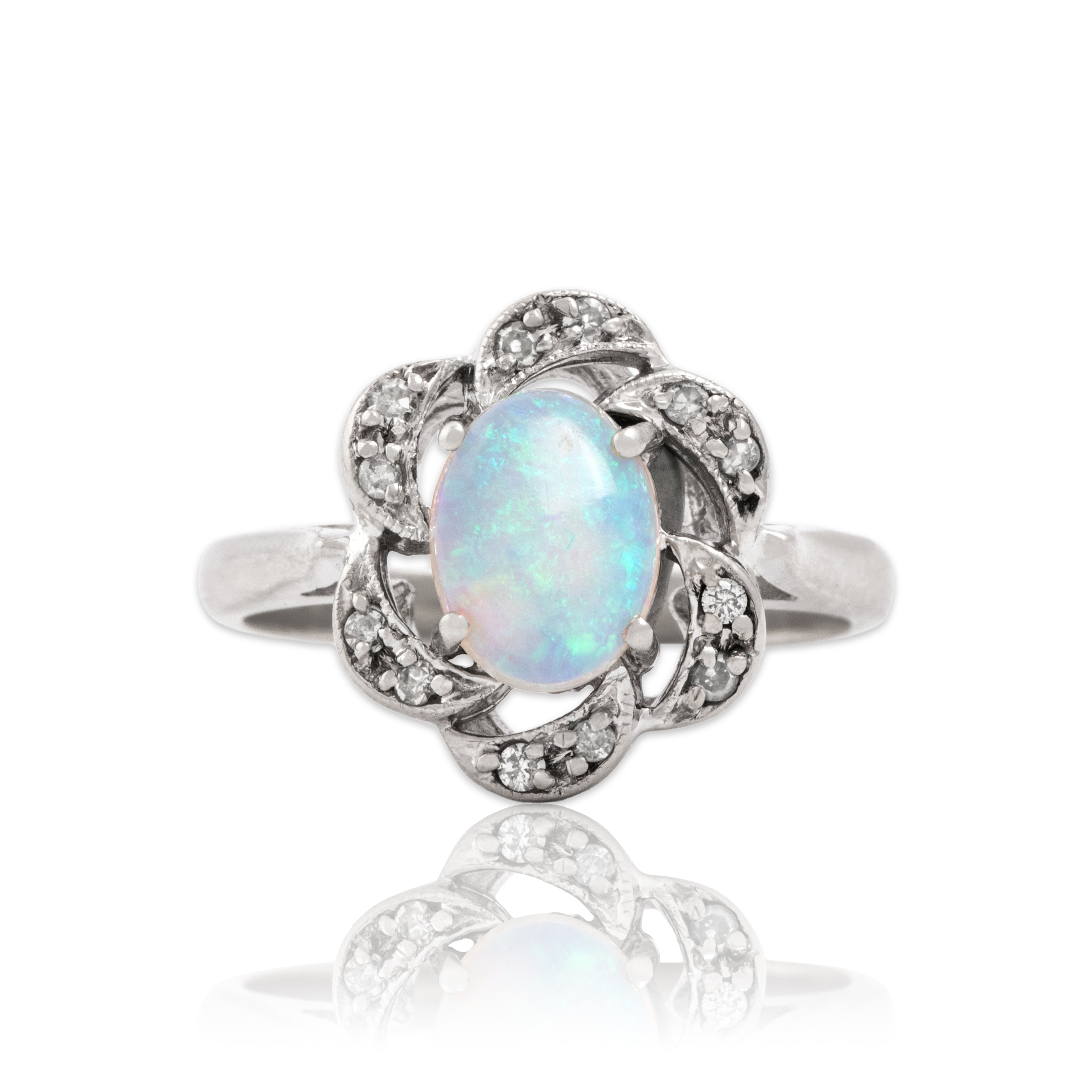 Vintage 14k White Gold .87ct Opal Diamond Celestial Blossom Ring - Close-up view