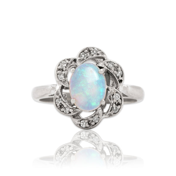 Vintage 14k White Gold .87ct Opal Diamond Celestial Blossoming Ring 6.00