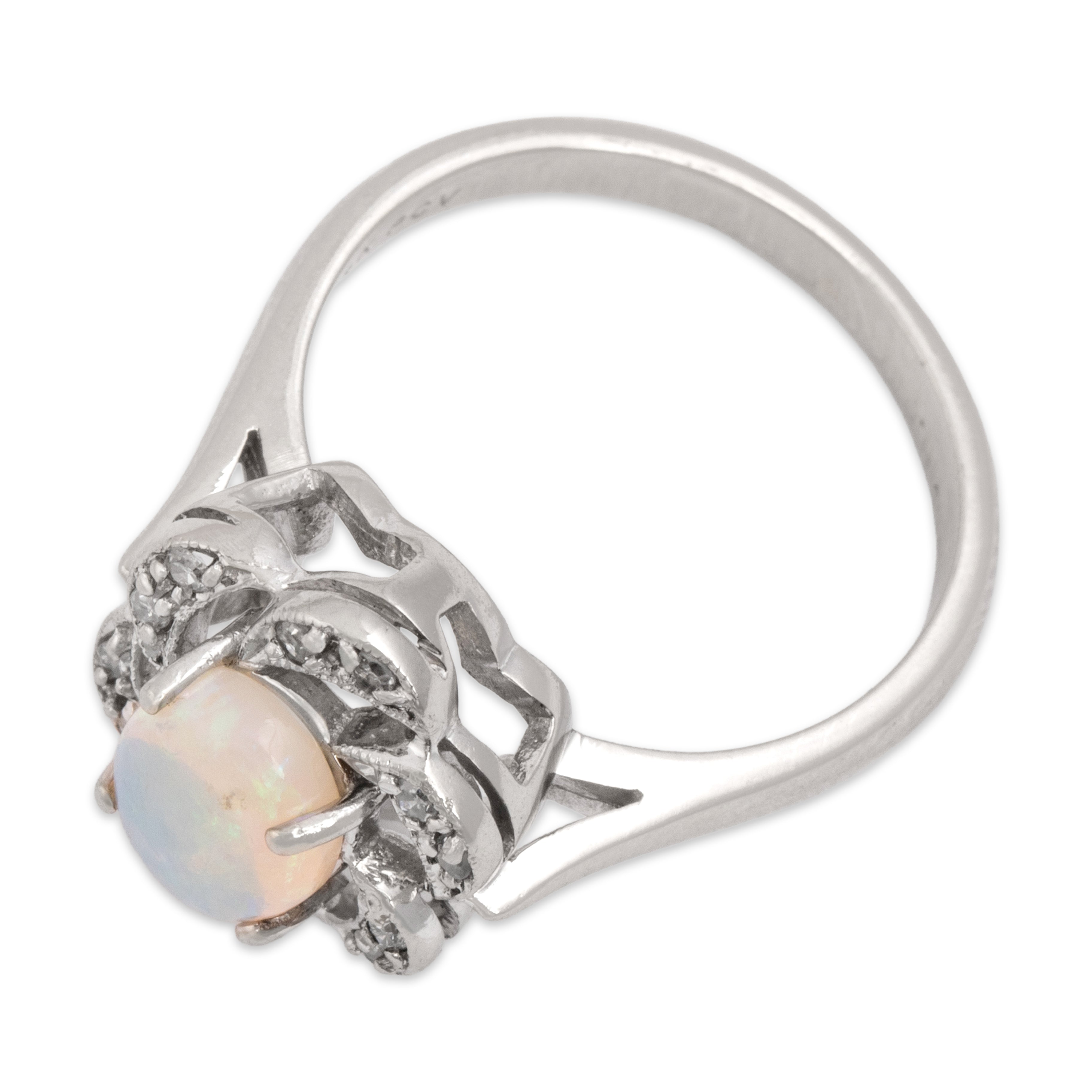 Vintage 14k White Gold .87ct Opal Diamond Celestial Blossom Ring -Overall view