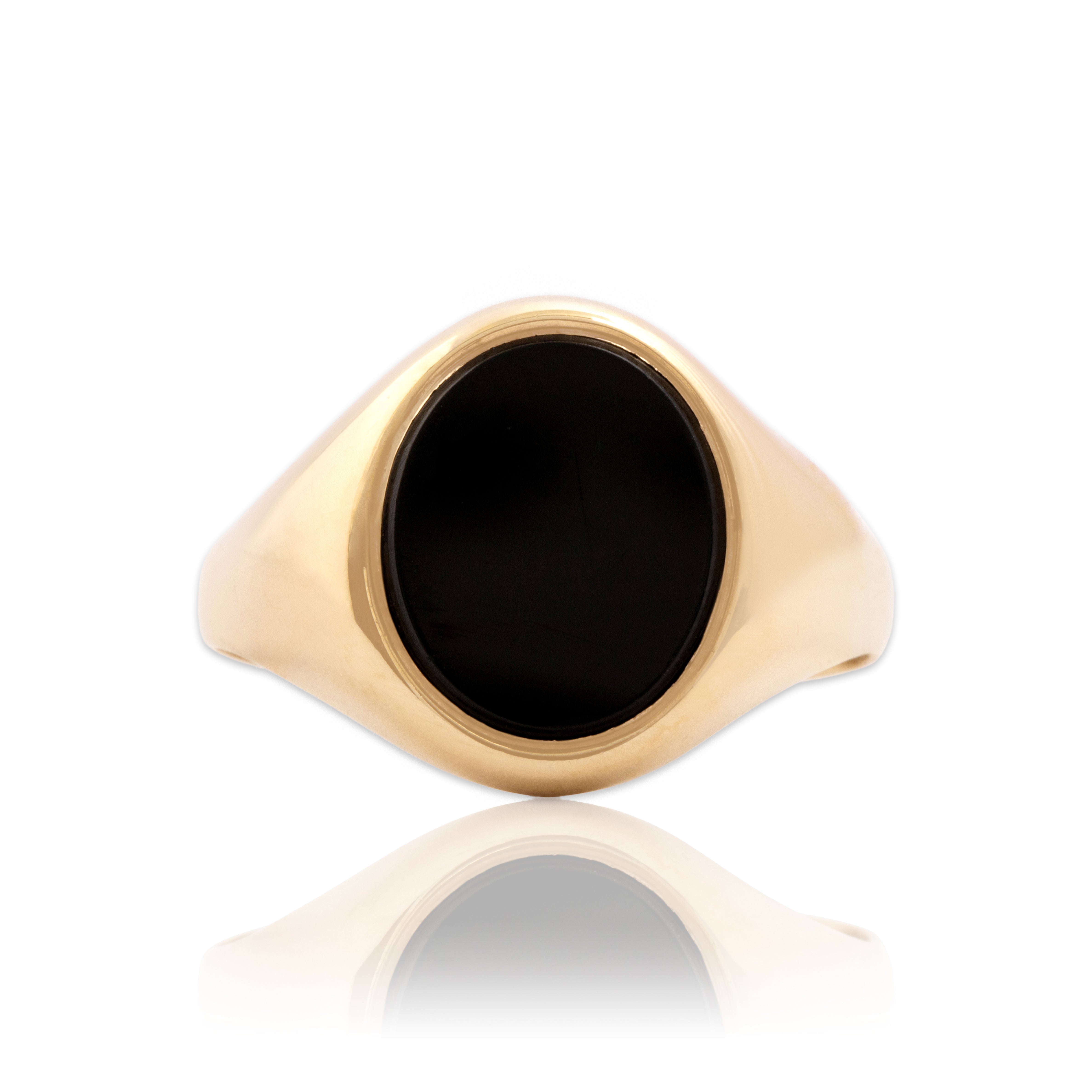 Vintage English 9k Yellow Gold 1.77ct Onyx Bold Refined Signet Ring - Close-up view