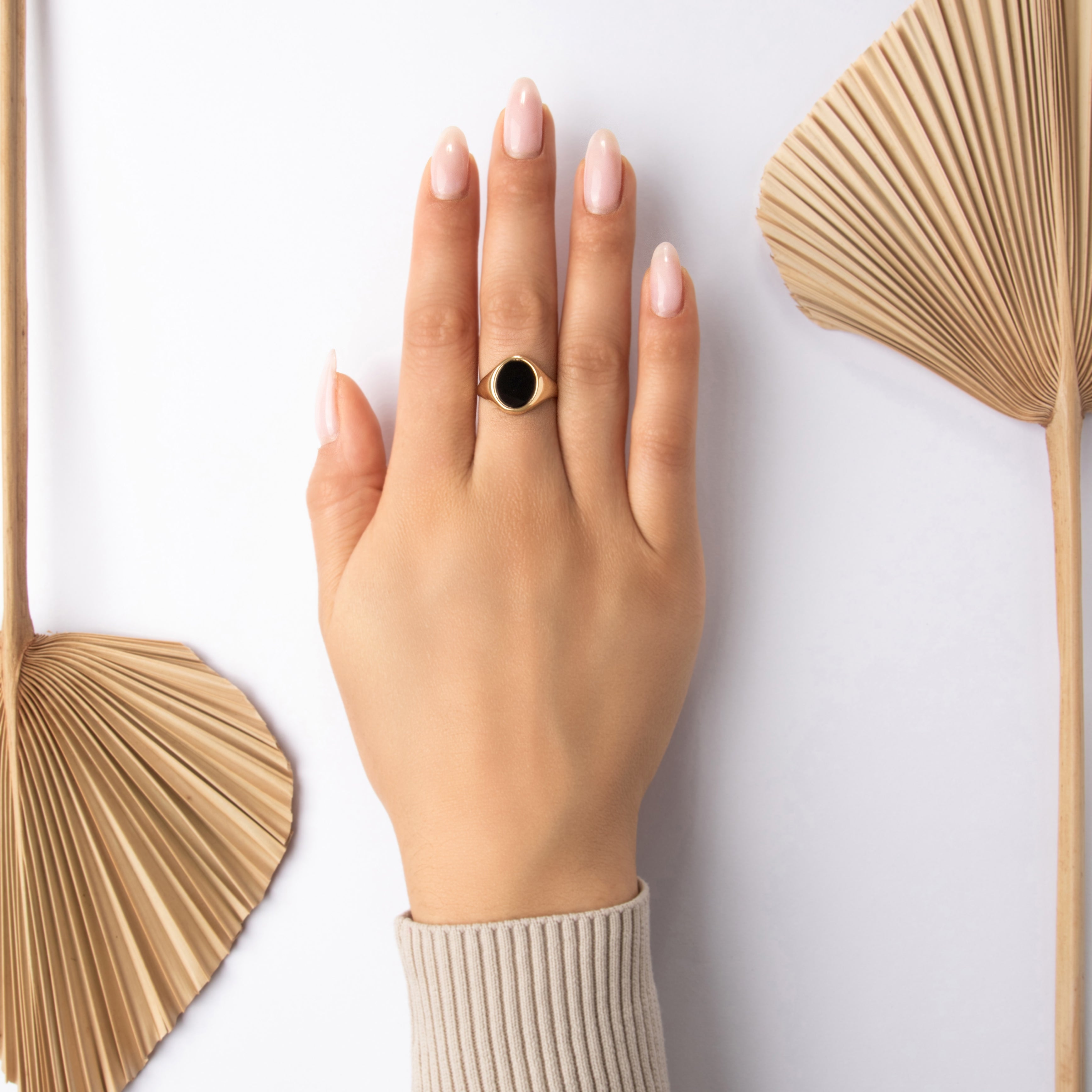 Vintage English 9k Yellow Gold 1.77ct Onyx Bold Refined Signet Ring - On model view