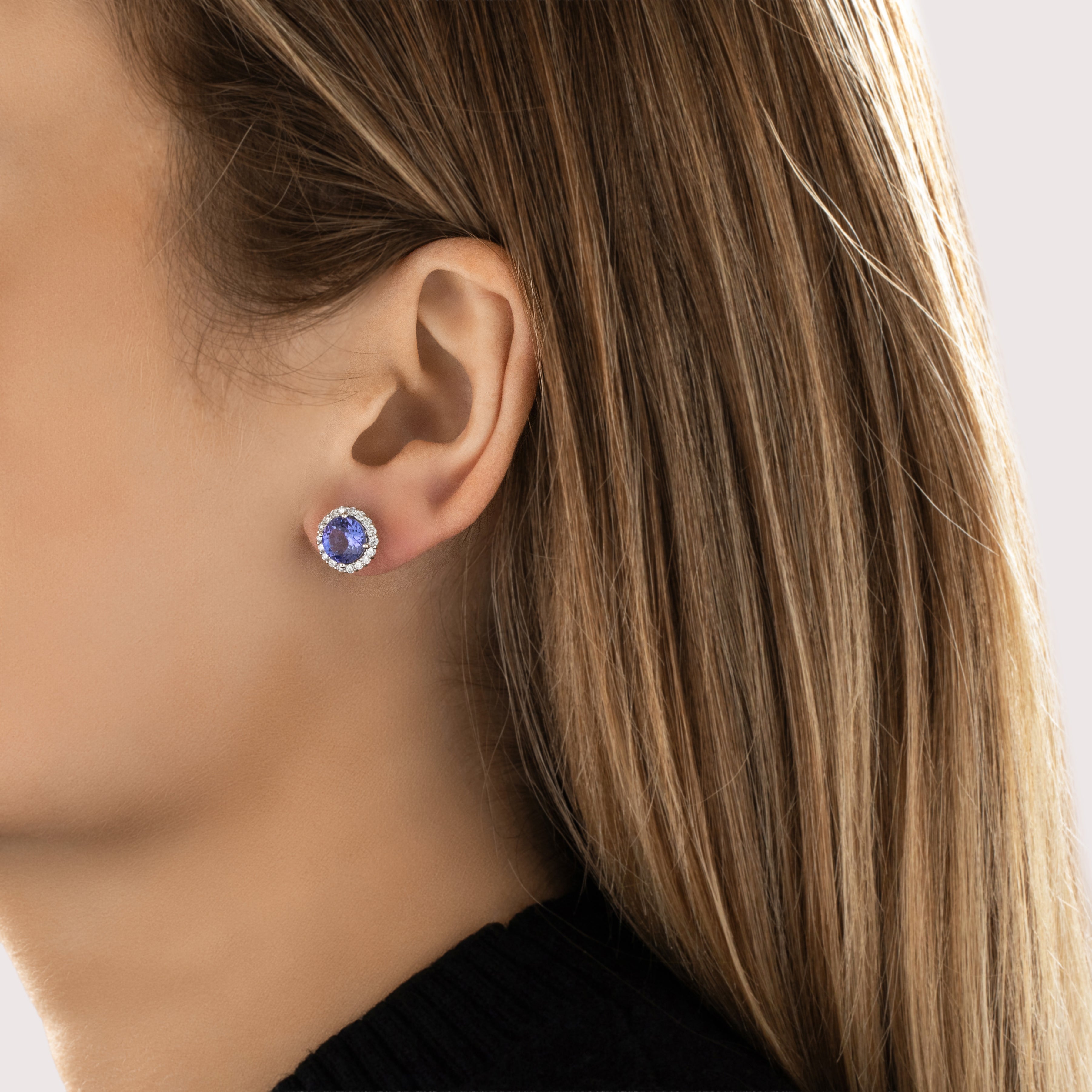 Vintage 14k White Gold 3.39cttw Tanzanite Diamond Stunning Halo Stud Earrings - On model view