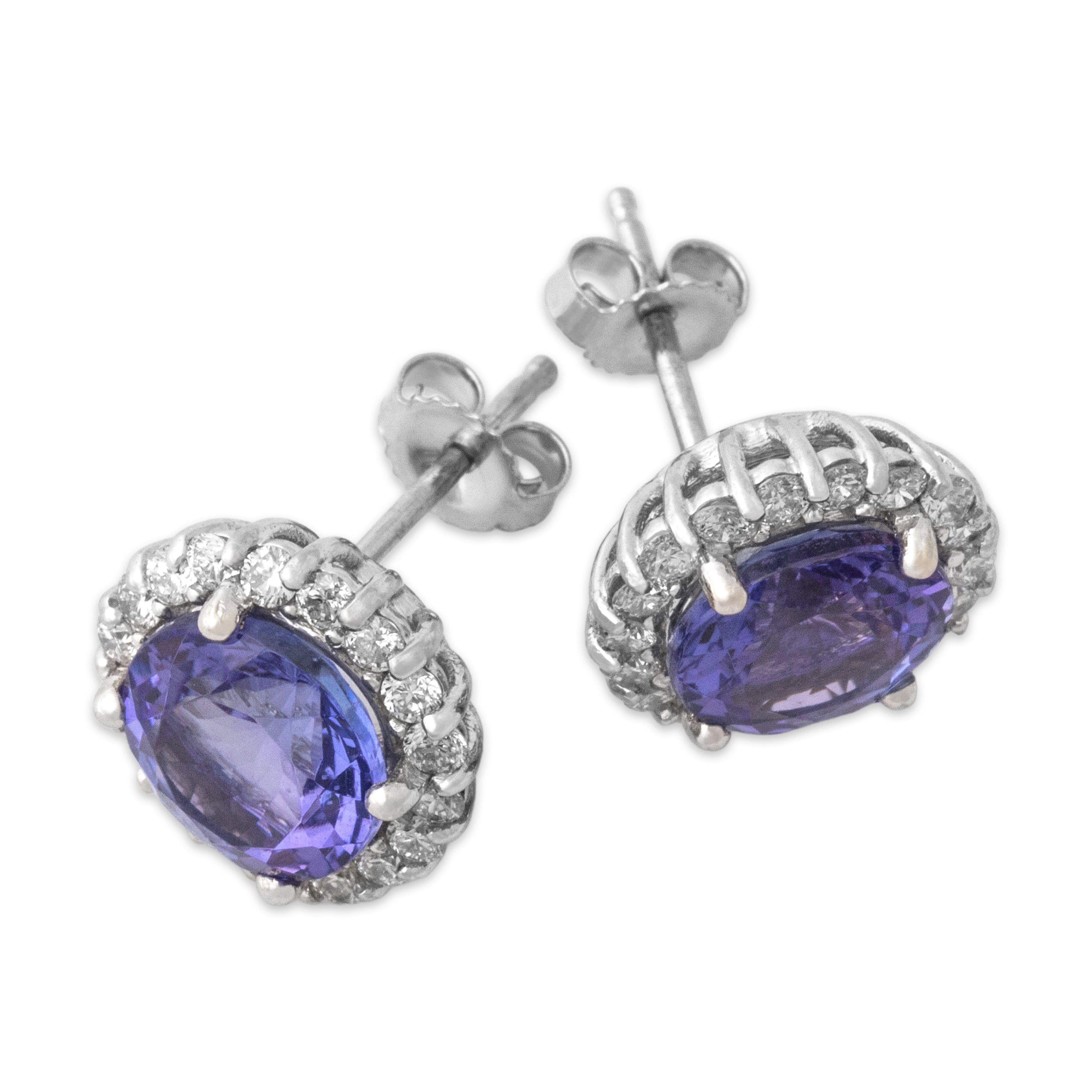 Vintage 14k White Gold 3.39cttw Tanzanite Diamond Stunning Halo Stud Earrings - Overall view
