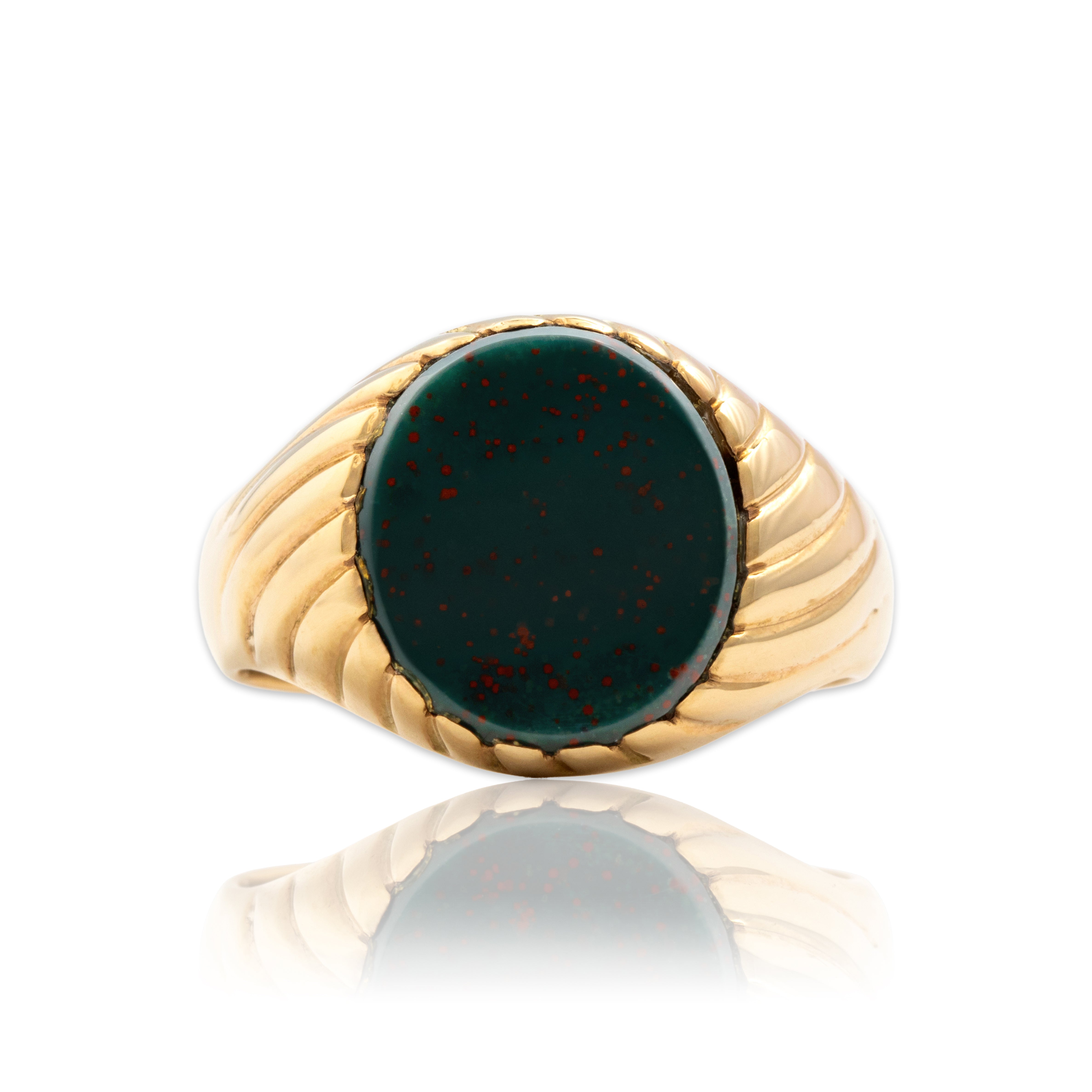 Vintage 10k Yellow Gold 2.5ct Bloodstone Swirling Ribbed Signet Ring 9.00