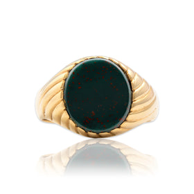 Vintage 10k Yellow Gold 2.5ct Bloodstone Swirling Ribbed Signet Ring 9.00