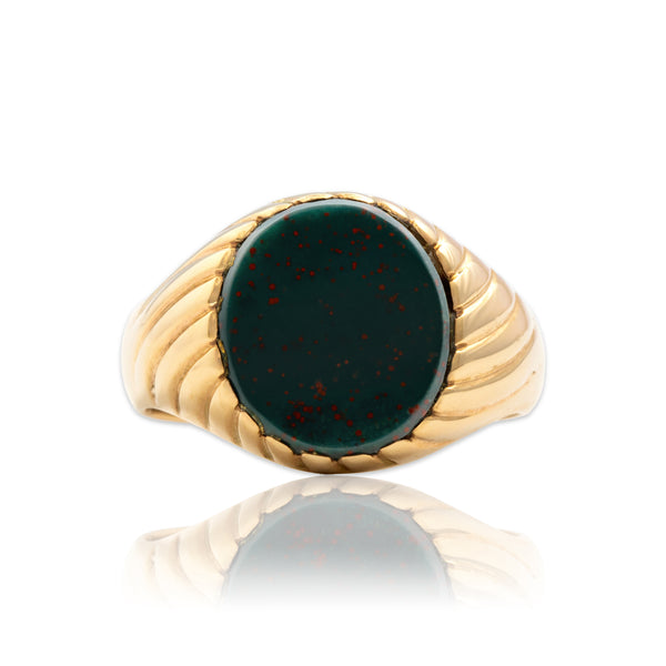 Vintage 10k Yellow Gold 2.5ct Bloodstone Swirling Ribbed Signet Ring 9.00