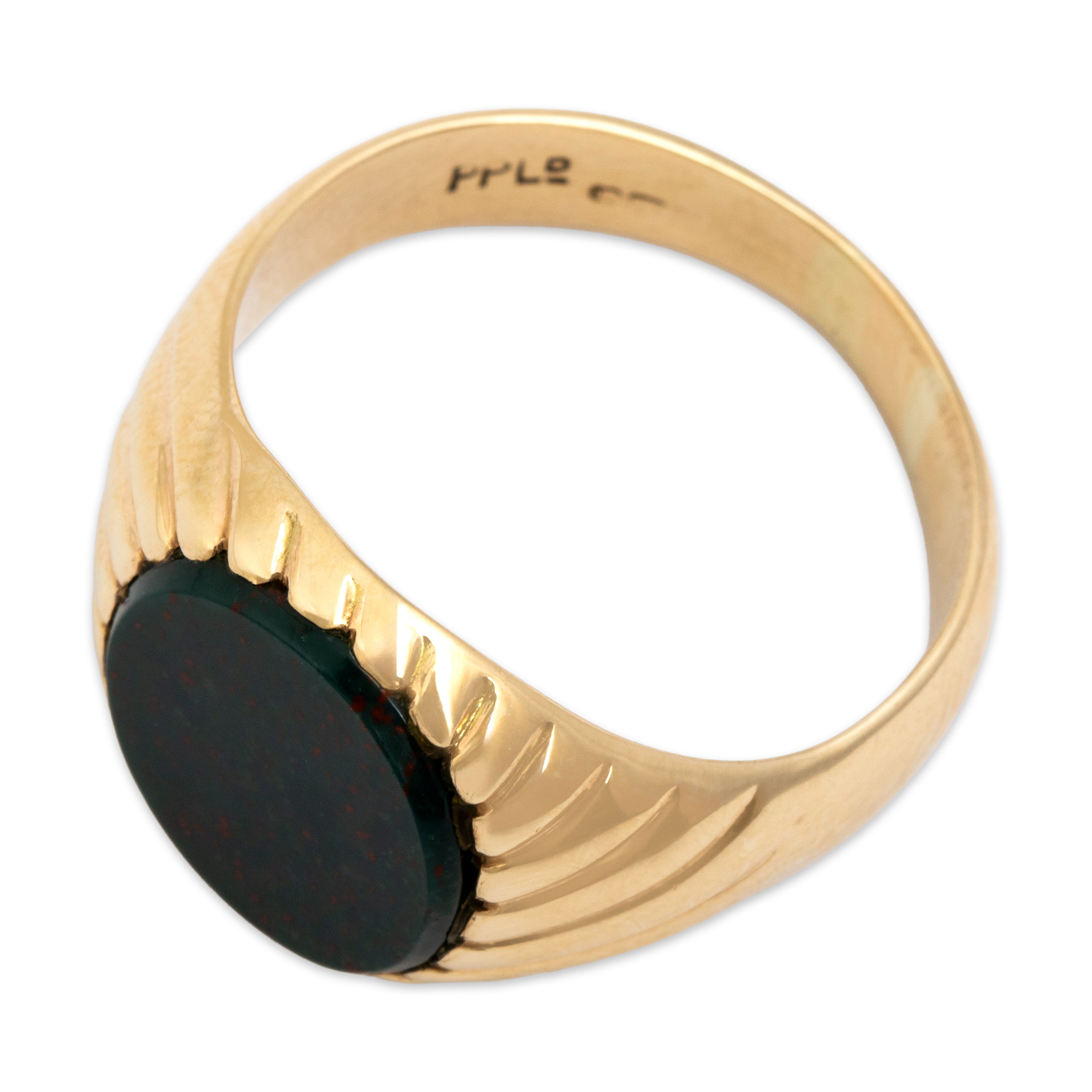 2.5ct Vintage 10k Yellow Gold Bloodstone Swirling Ribbed Signet Ring - Overall view