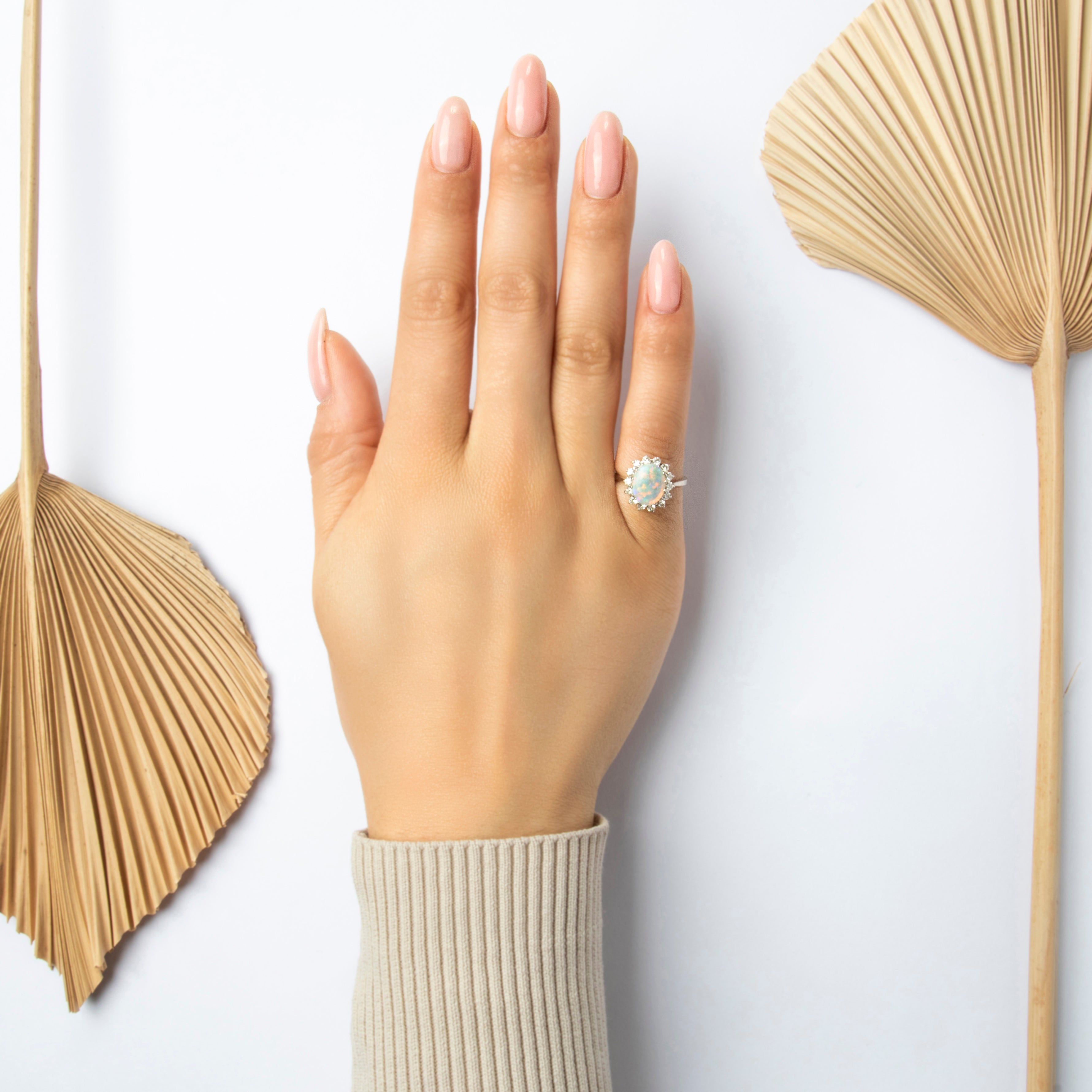 Vintage 14k White Gold 1.43ct Opal Diamond Sparkling Iridescent Oval Halo Ring - On model view