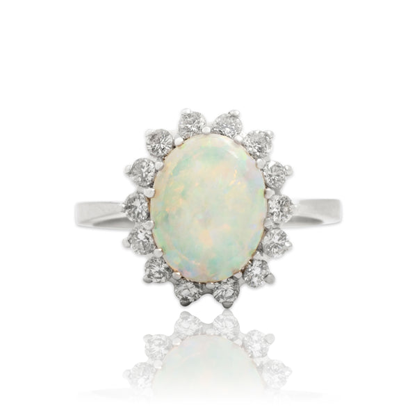 Vintage 14k White Gold 1.43ct Opal Diamond Sparkling Iridescent Halo Ring 6.00