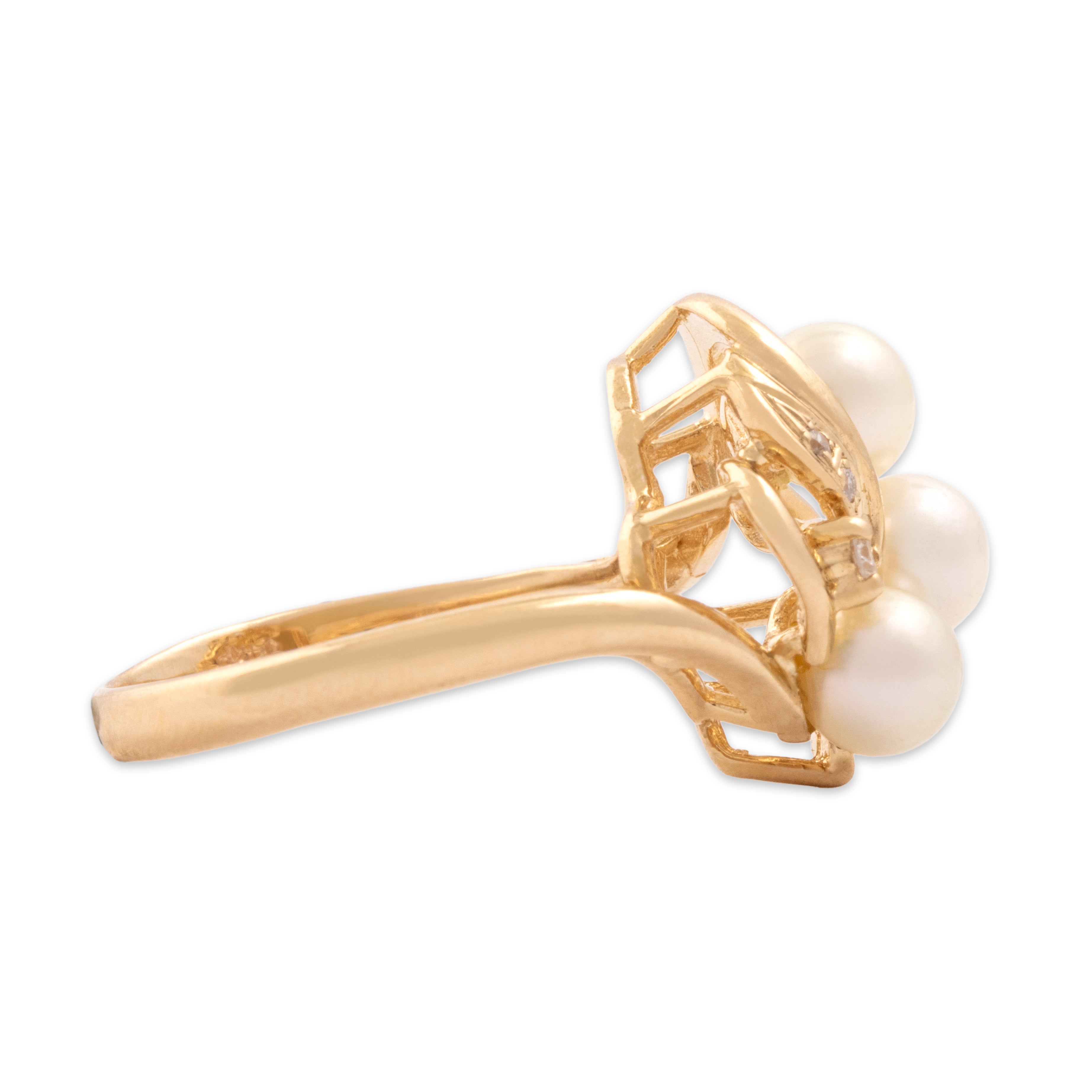 Vintage 14k Yellow Gold Diamond Pearl Swirling Cluster Ring - Side view