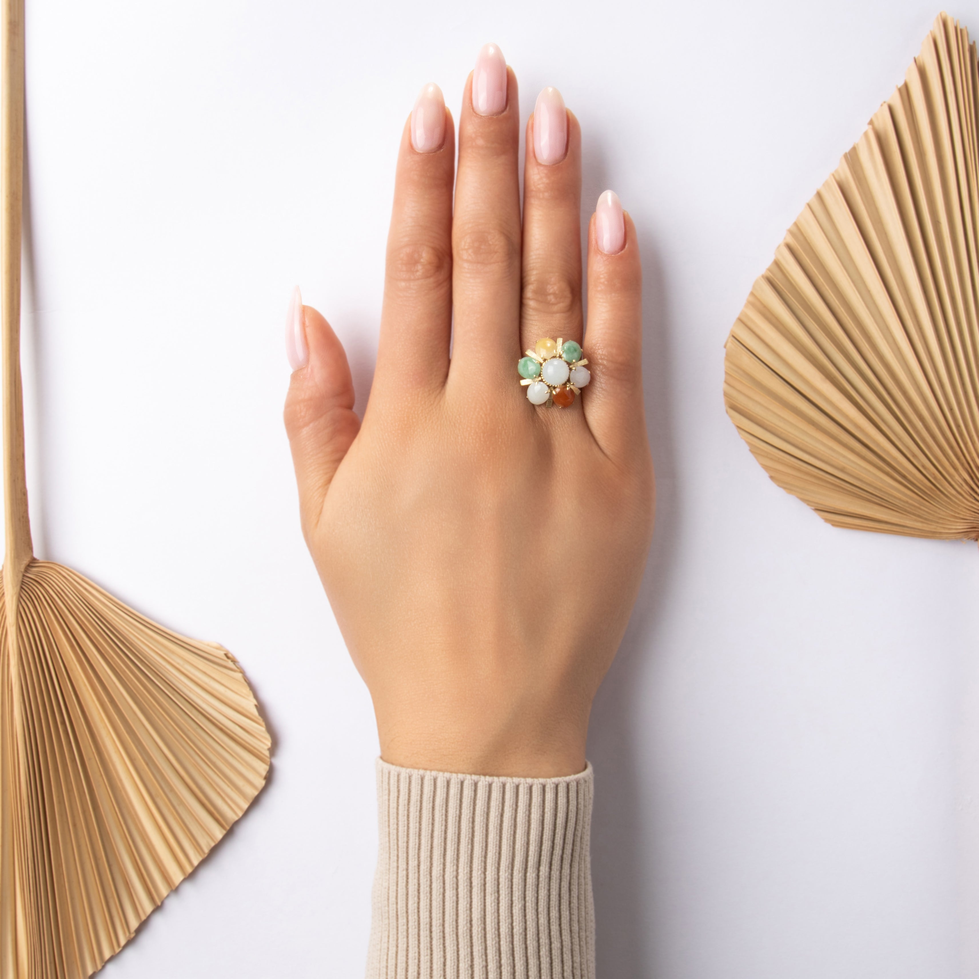 Vintage 14k Yellow Gold 4.27cttw Jade Fabulous Retro Domed Cocktail Ring - On model view