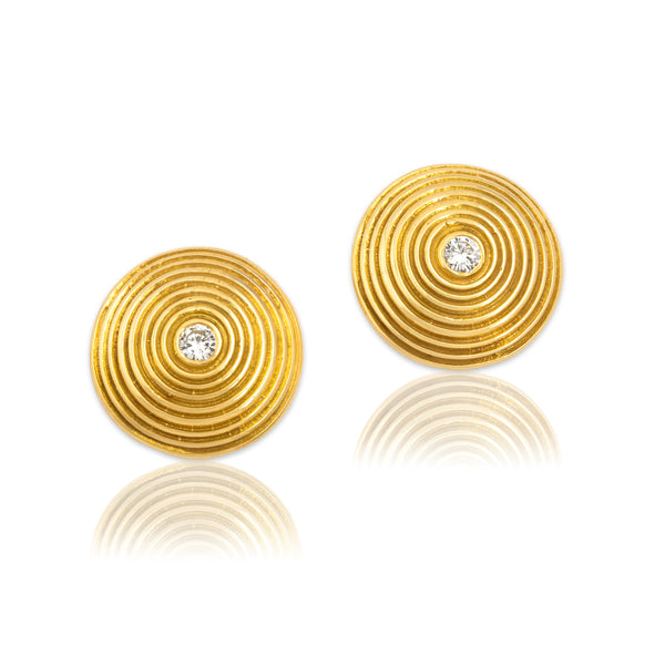 Vintage Substantial 18k Yellow Gold Diamond Spiral Disc Stud Earrings
