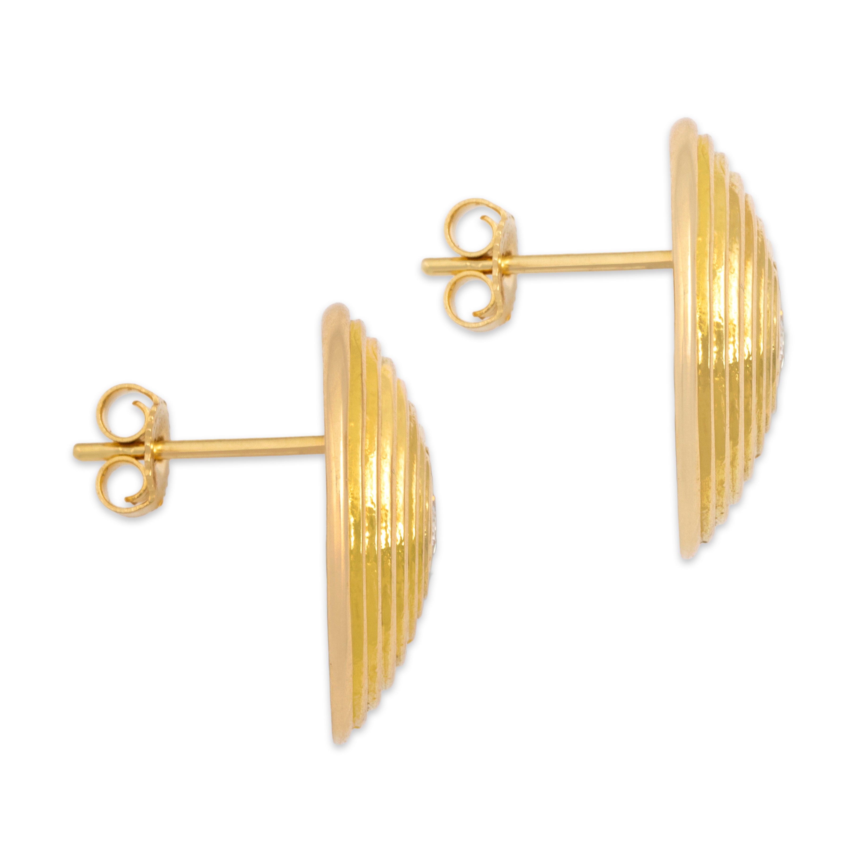 Vintage Substantial 18k Yellow Gold Diamond Spiral Discs Stud Earrings - Side view