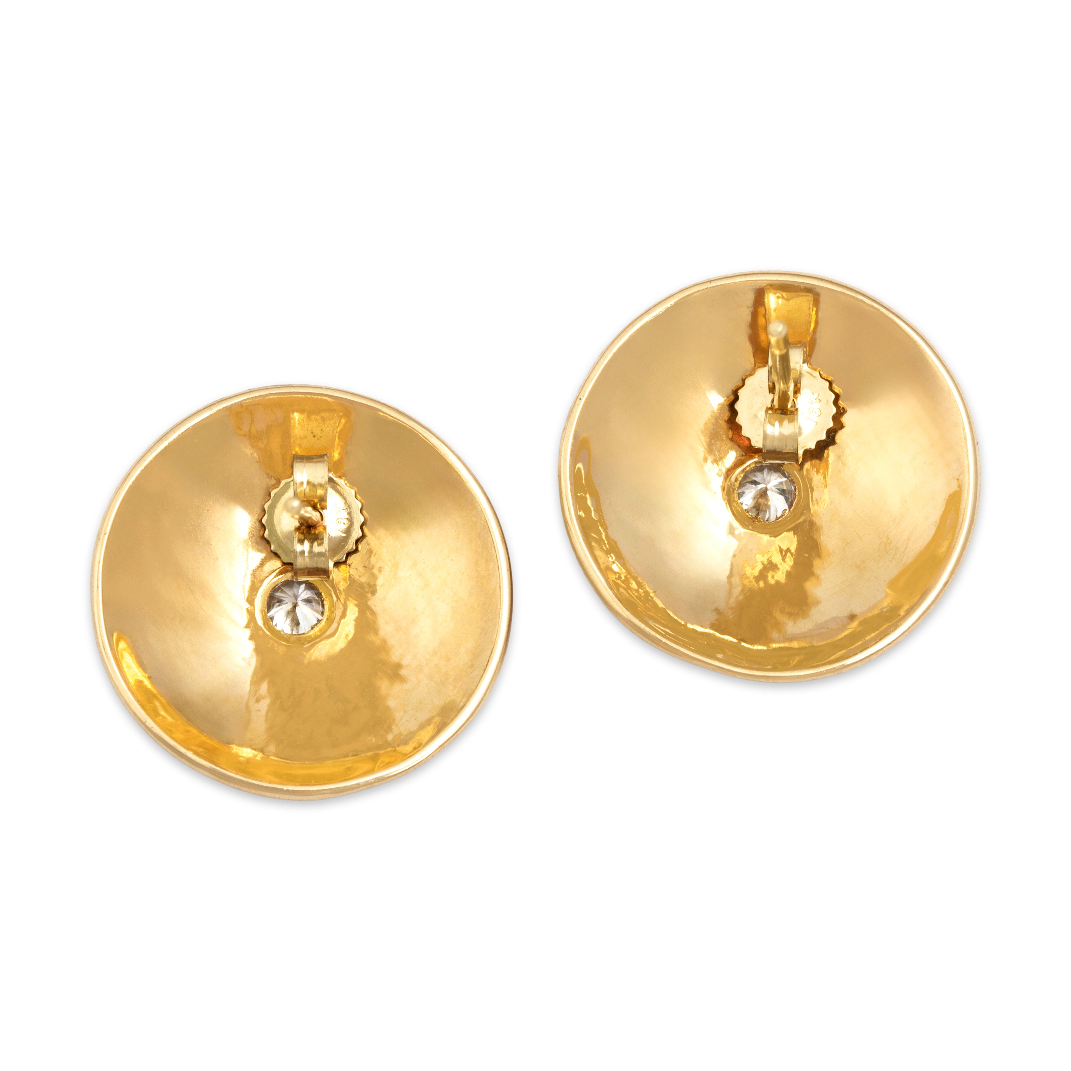 Vintage Substantial 18k Yellow Gold Diamond Spiral Discs Stud Earrings - Back view