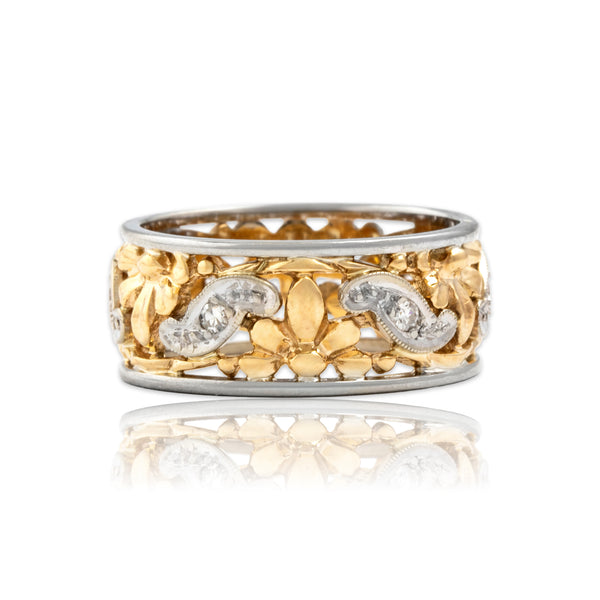 Vintage 14k Yellow & White Gold Diamond Wide Floral Scrolling Band Ring 7.50