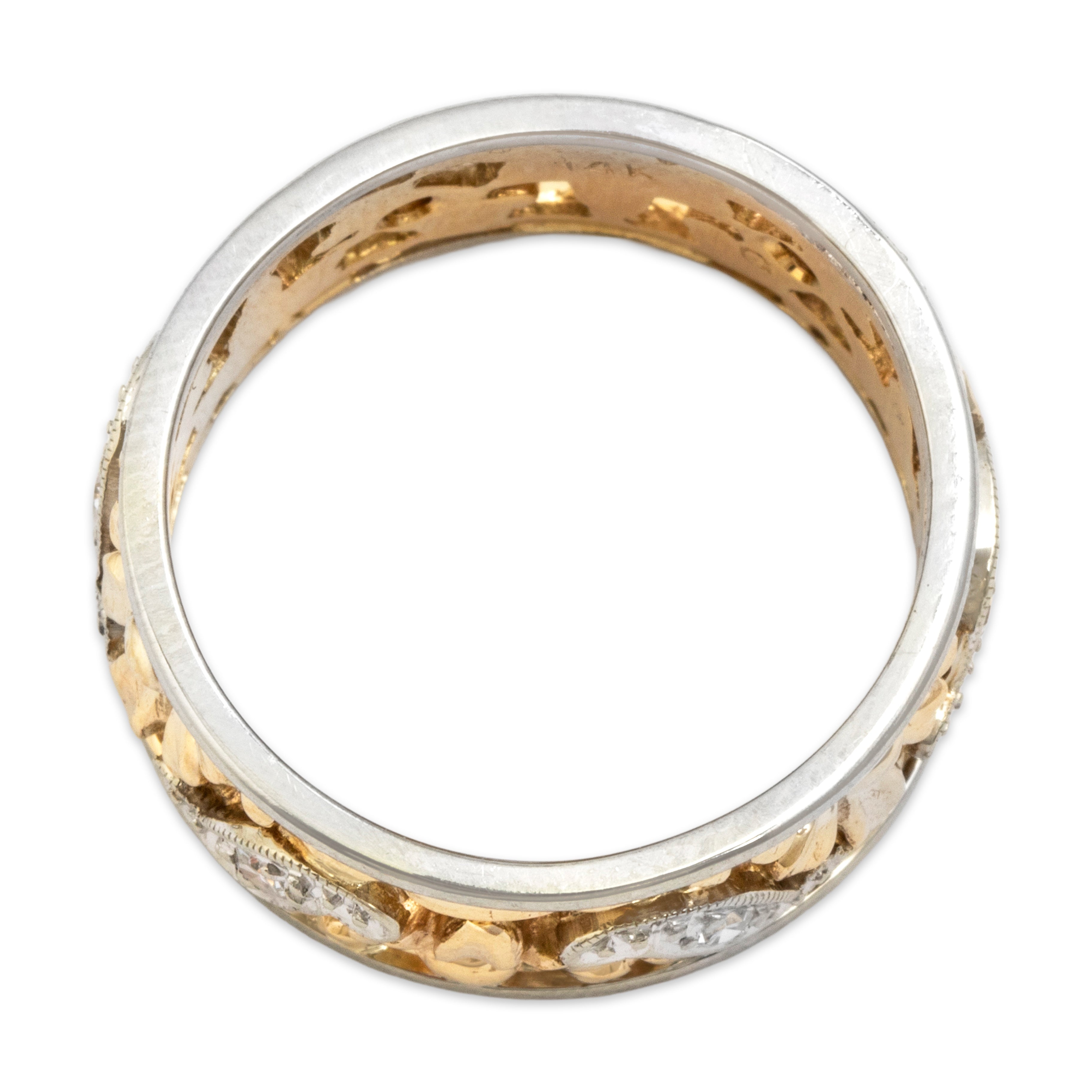 Vintage 14k Yellow & White Gold Diamond Floral Scrolling Wide Band Ring - detail view #2